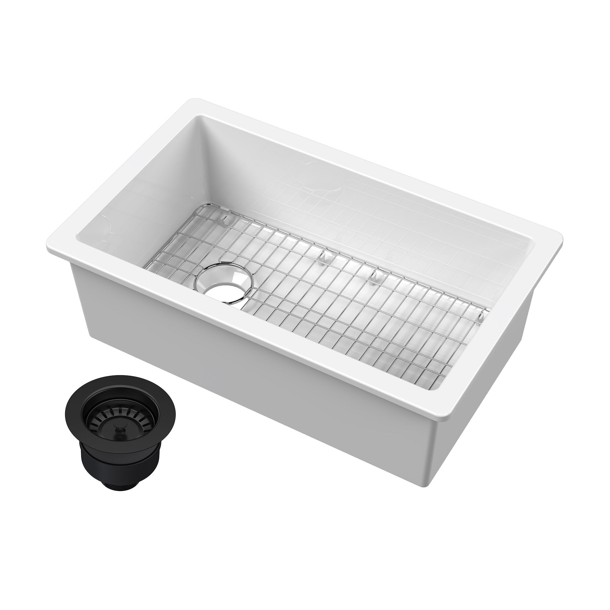 nuie Undermount Kitchen Sink 31-in x 19-in x 10-in Fireclay Single Bowl Kitchen Sink with Wire Grid Drainer and Matt Black Drain #15031GLMBW
