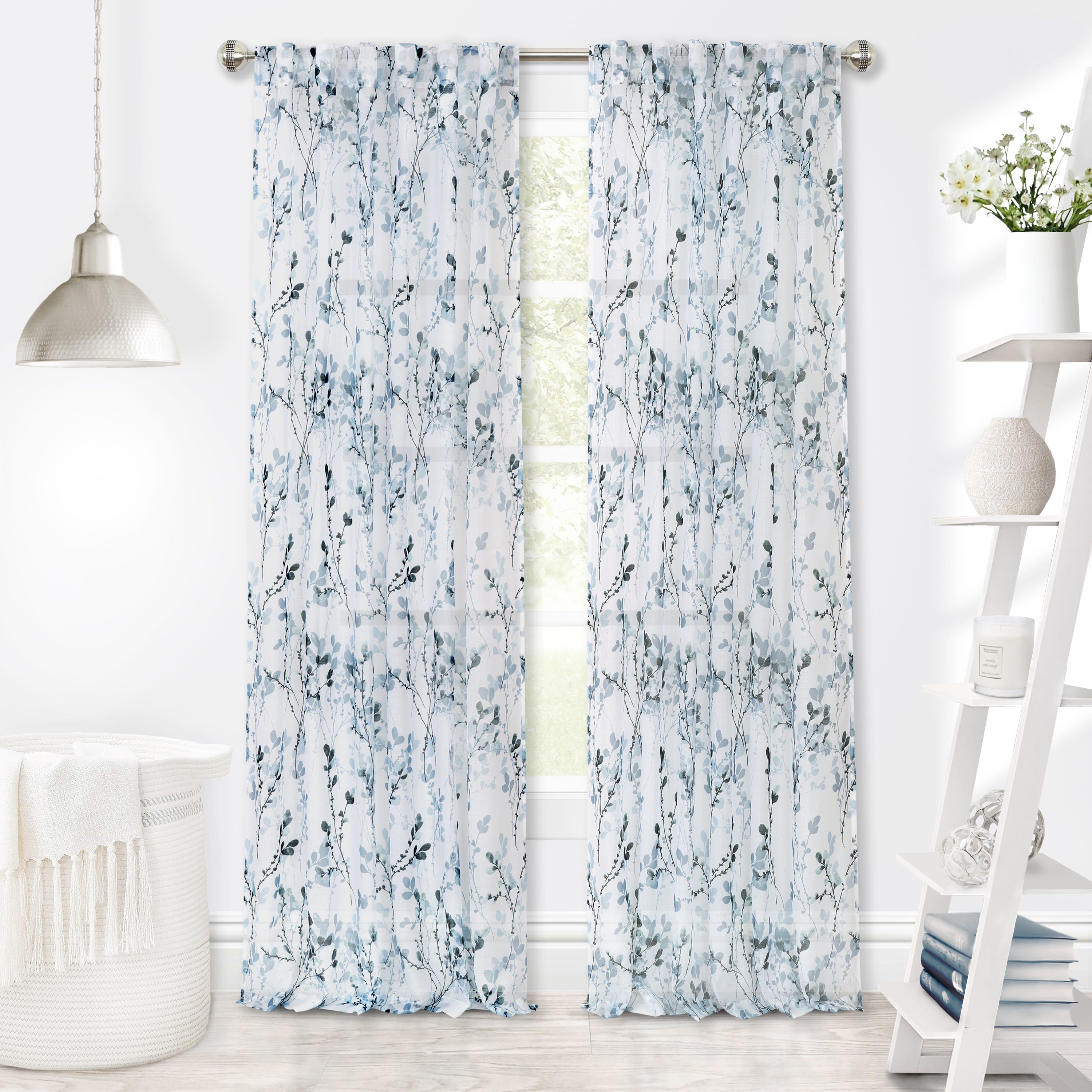 Teal Floral Semi-Sheer Linen-Blend Back Tab Curtain Panel
