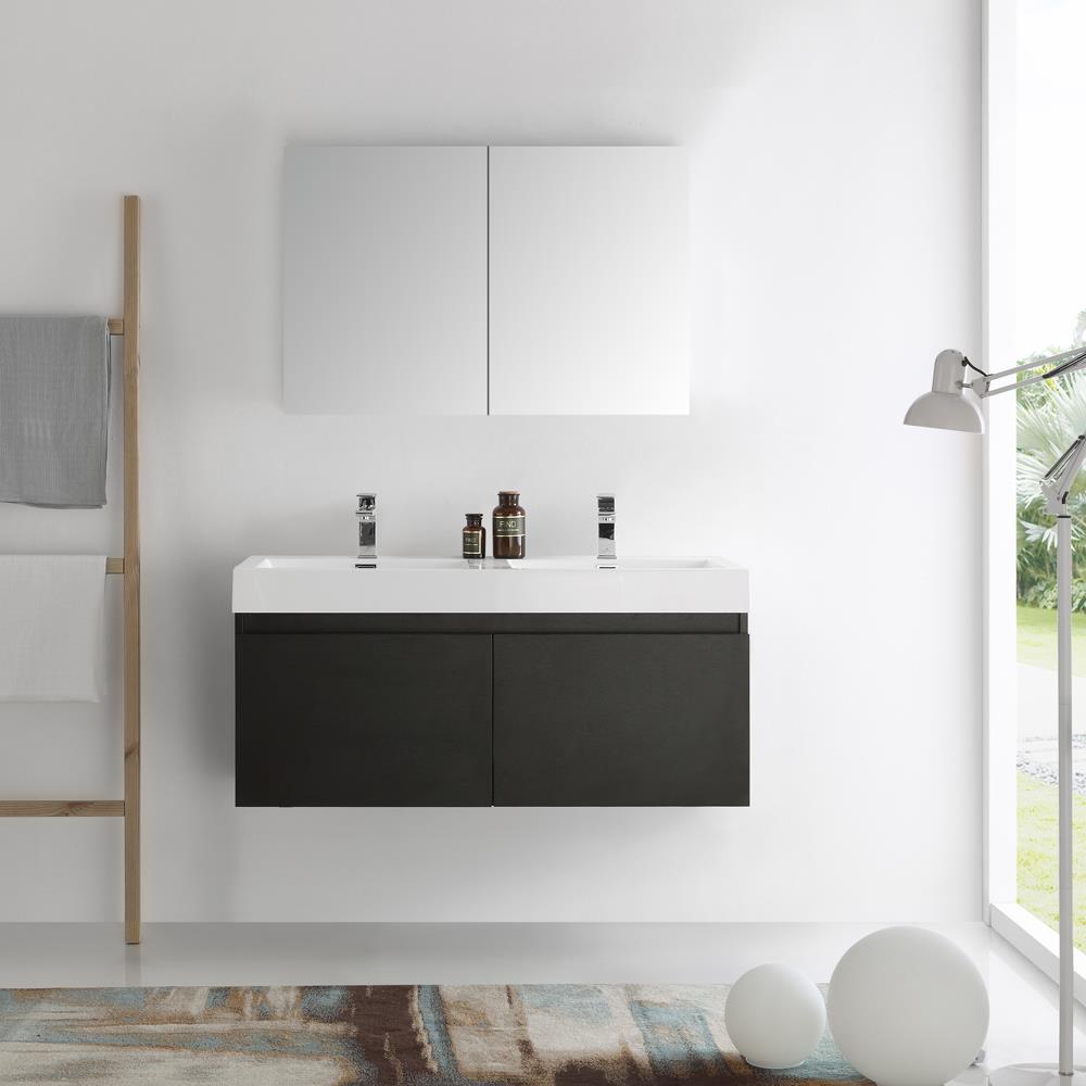 Fresca FVN8012BW Mezzo 48-in Black Double sink Floating Bathroom Vanity with White Acrylic Top