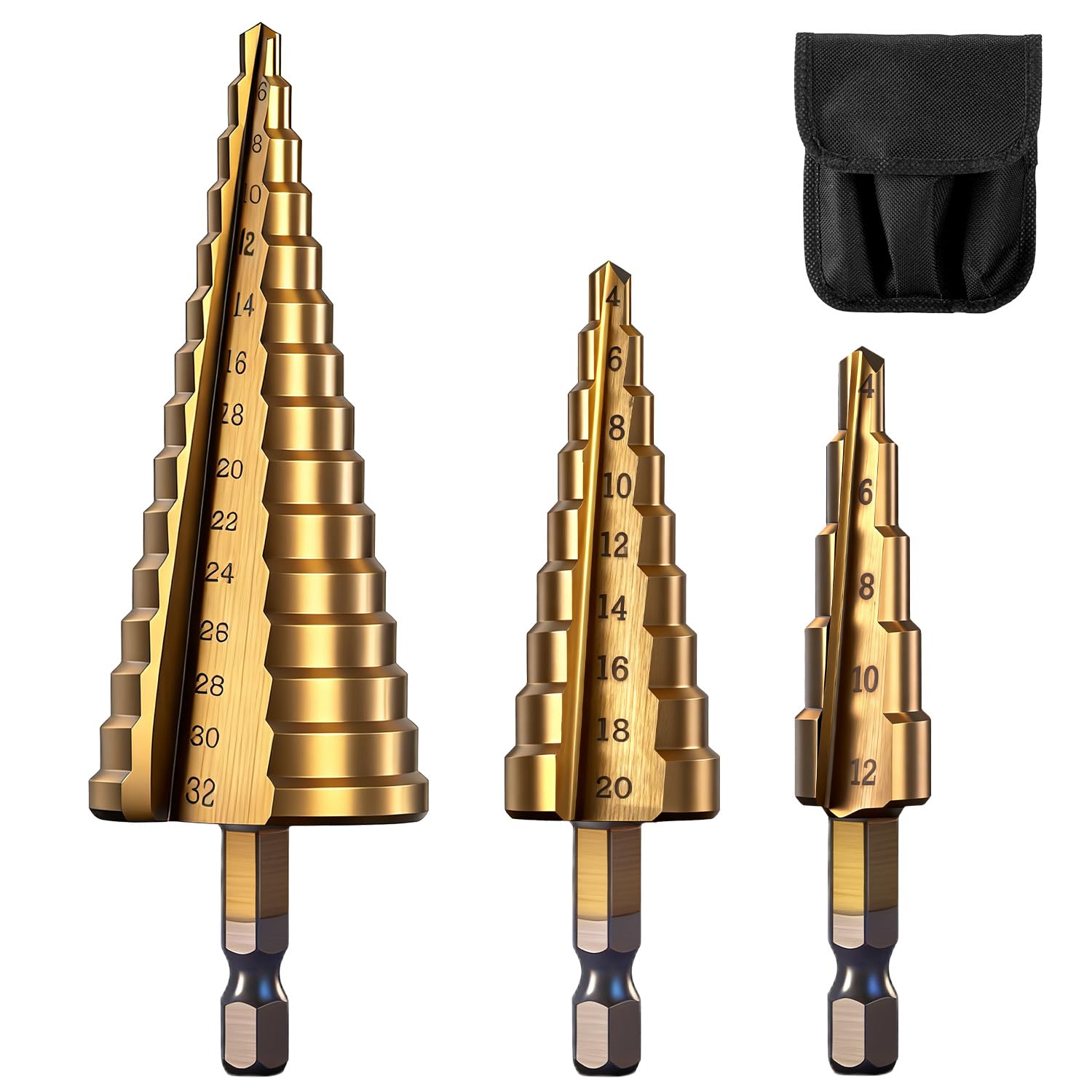 Phewnyzo Step Drill Bit Set 3 Piece Titanium Coated High Speed Steel Metric 4 to 32mm for Metal Wood Plastic Aluminum Quick Change Hex Shank #LPW0721W179