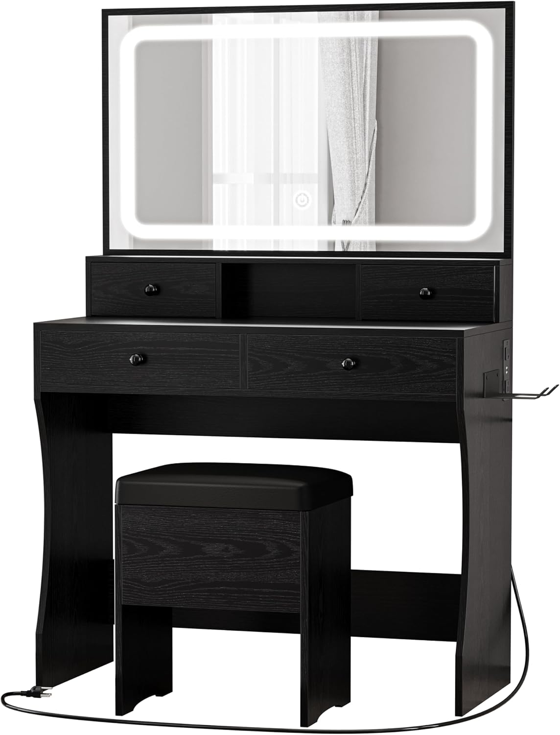 Likimio WBGQGOOK32MKL84H 55.12-in W Black Vanity Table Set with LED Lighted Mirror and 4 Drawers and Power Outlet