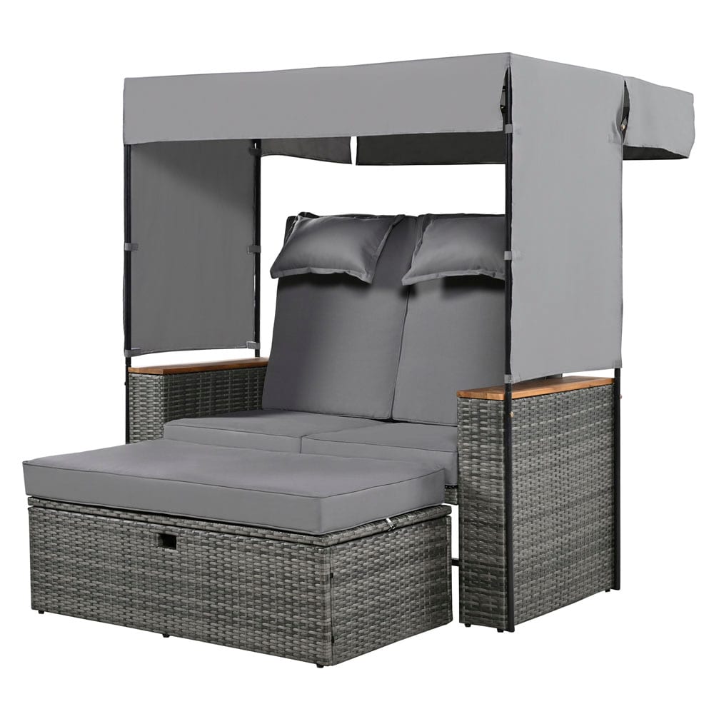 ModernLuxe L-TM000007AAE 2-Piece Rattan Outdoor Patio Bench Lounge Roof Set Rattan Outdoor Daybed with Gray Cushions and Steel Frame