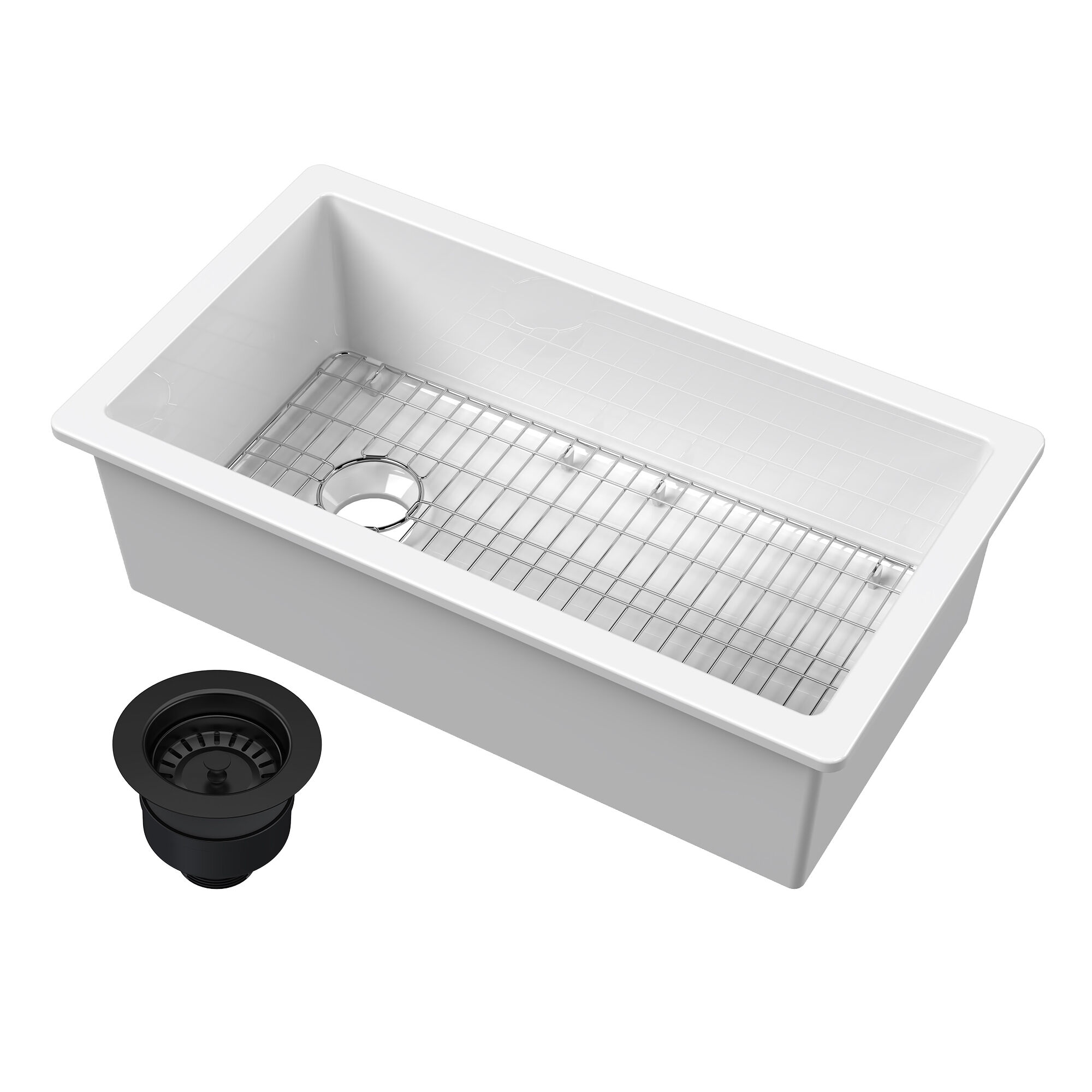 nuie Undermount Kitchen Sink 34-in x 19-in x 10-in Fireclay Single Bowl Kitchen Sink with Wire Grid Drainer and Matt Black Drain #15034GLMBW