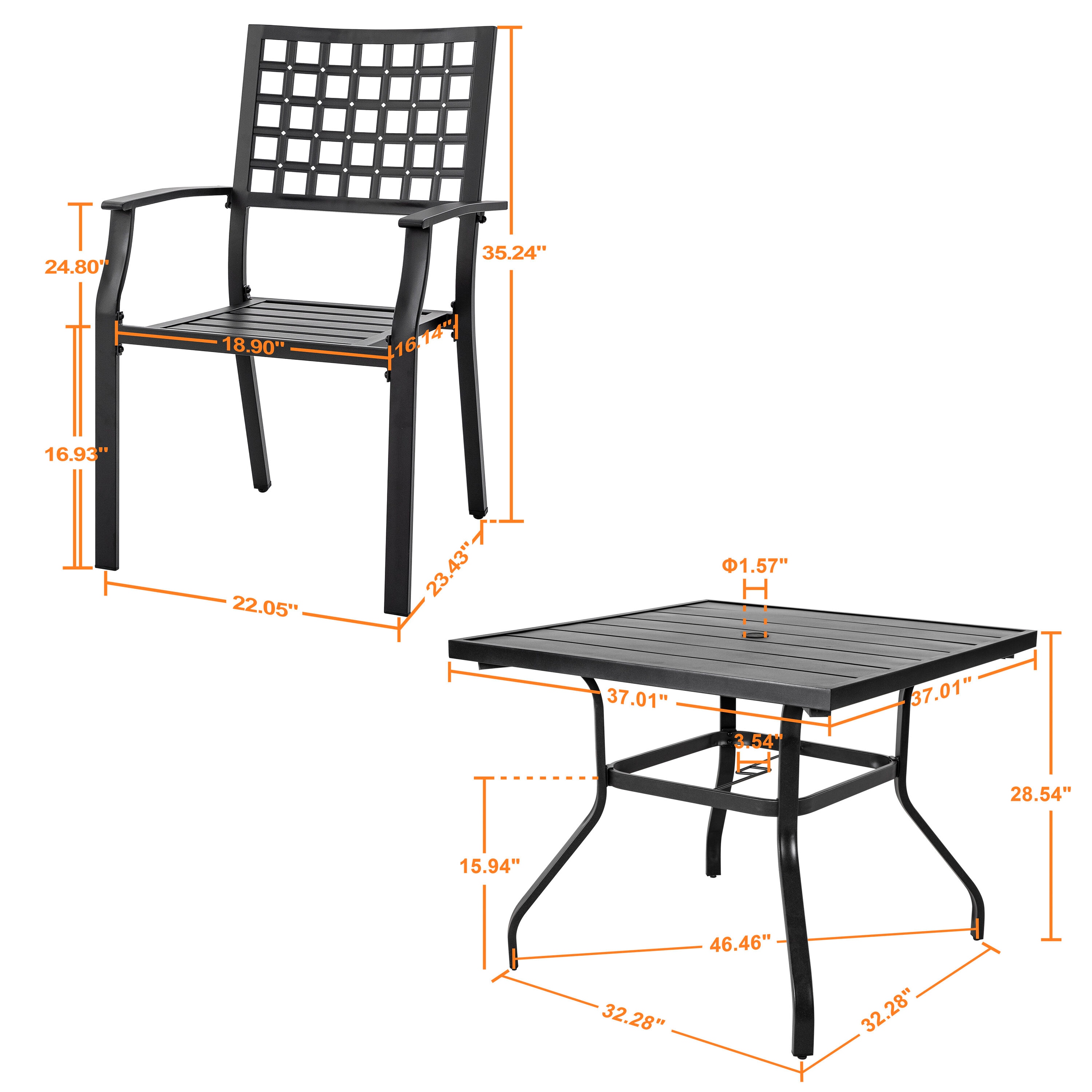 Black Iron 5-Piece Square Outdoor Dining Set with Umbrella Hole