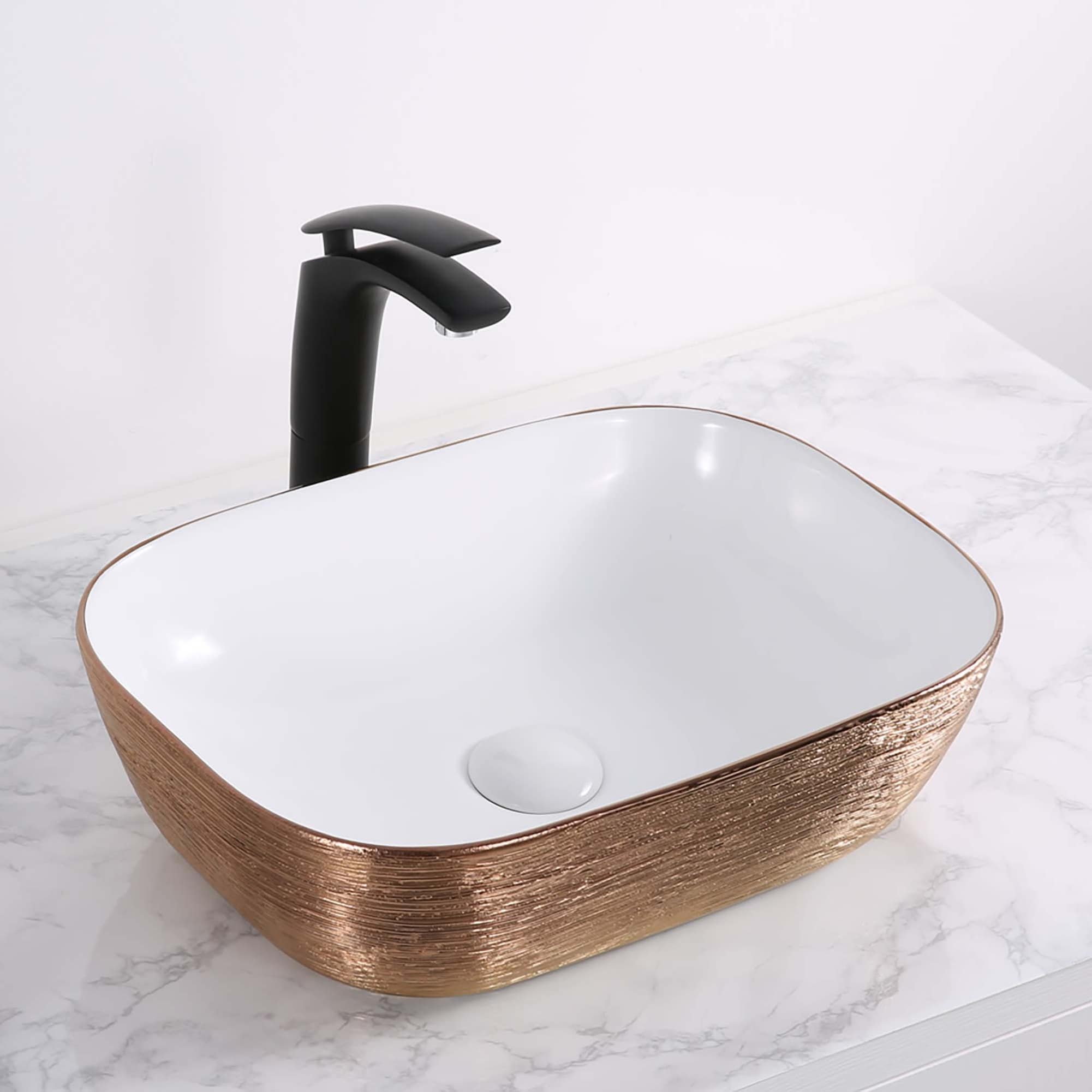 Ruvati Pietra Ceramic 19-in Vessel Rectangular Modern Rose Gold Bathroom Sink with Drain Included