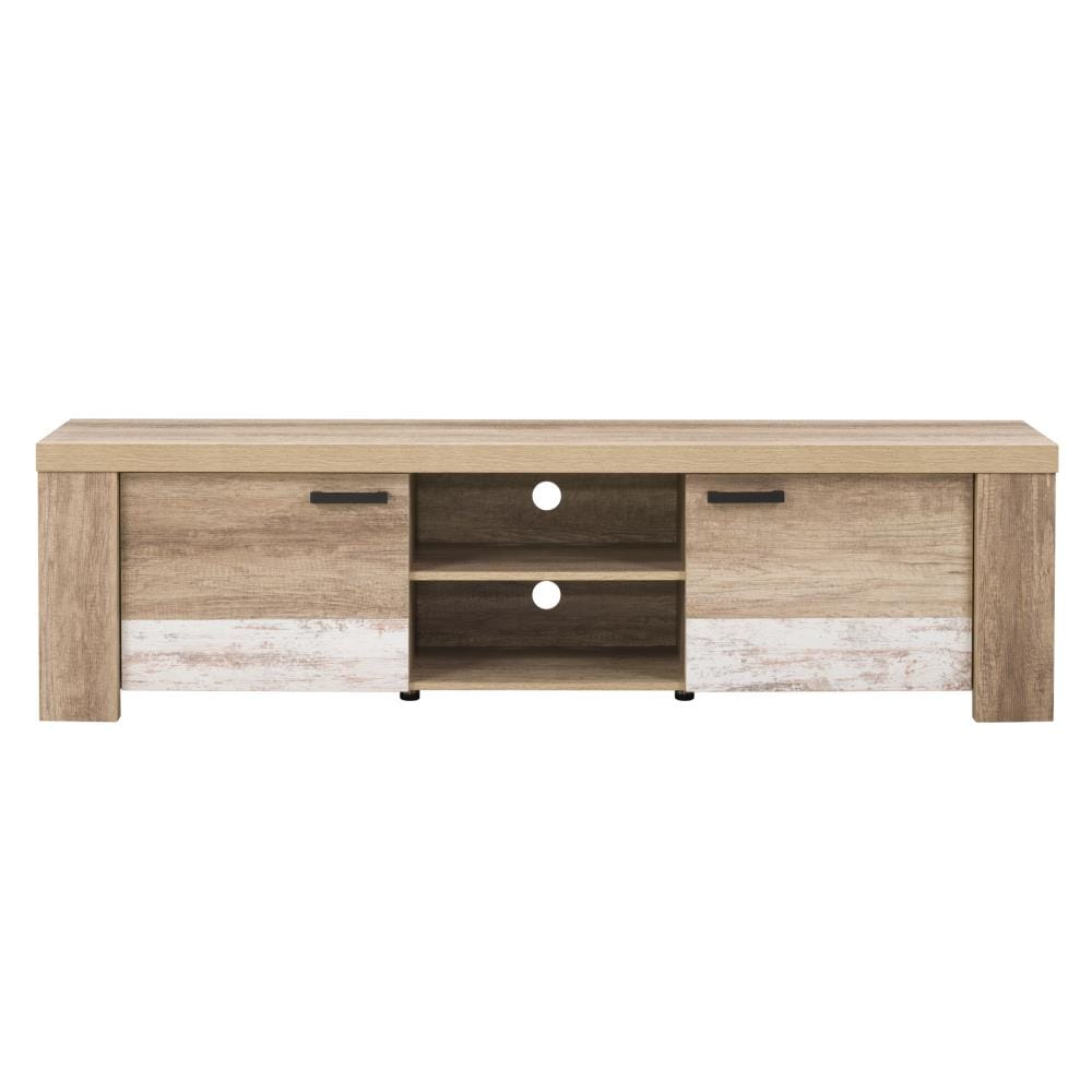Joliet Warm Beige & White Distressed TV Stand with Cabinet for 80" TVs