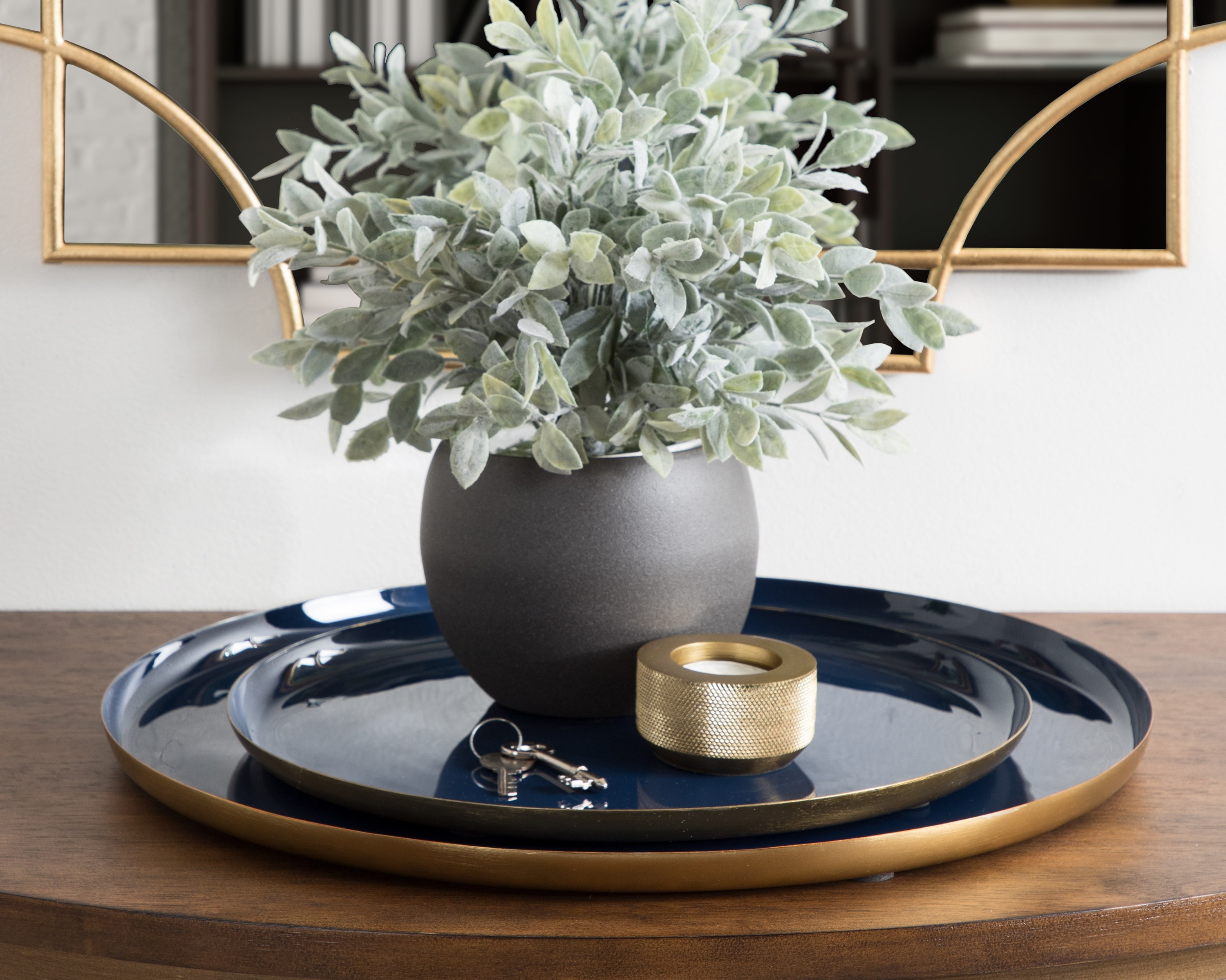 Navy Blue and Gold Round Metal Tray Set, 2 Piece