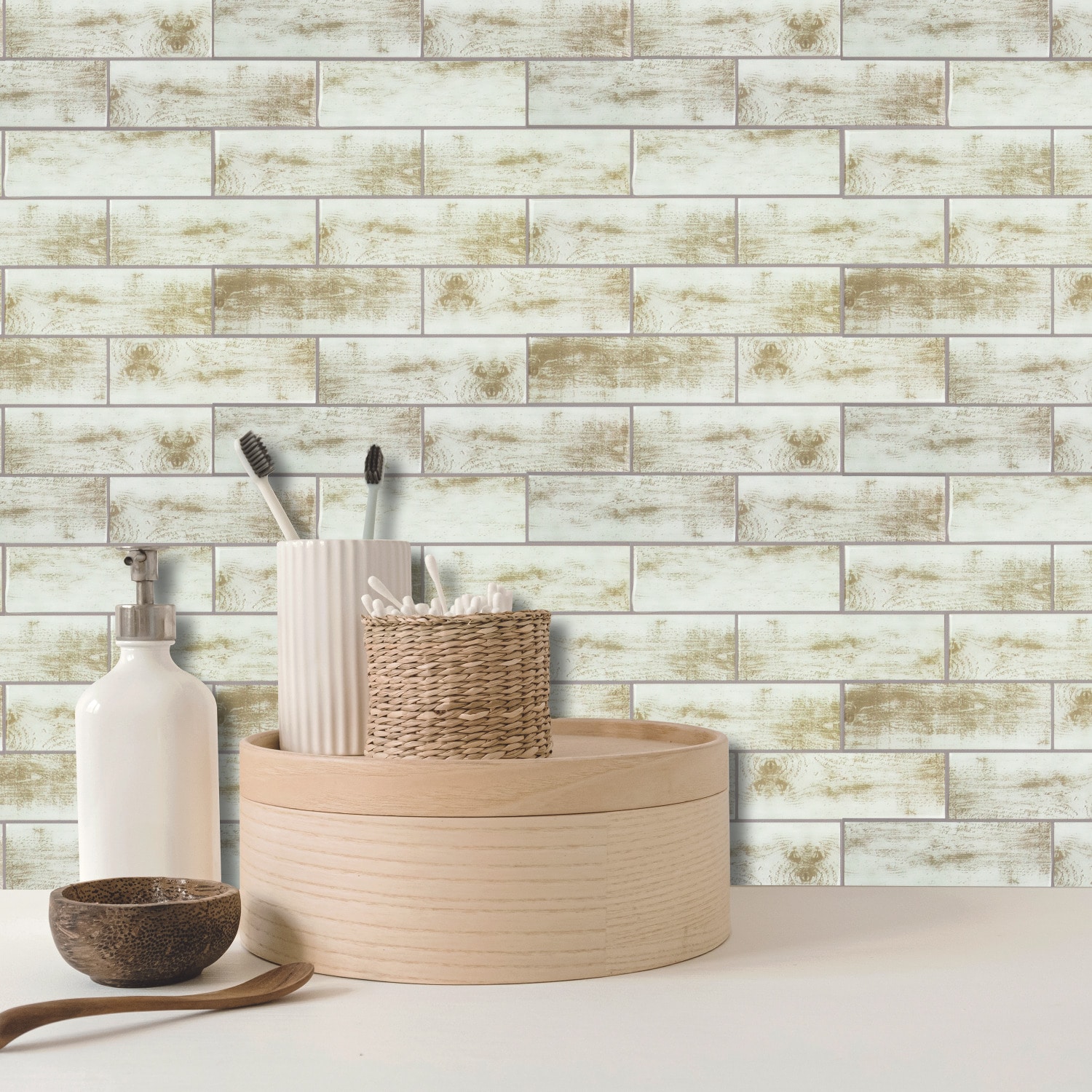 Distressed Wood White and Brown Peel and Stick Subway Tile