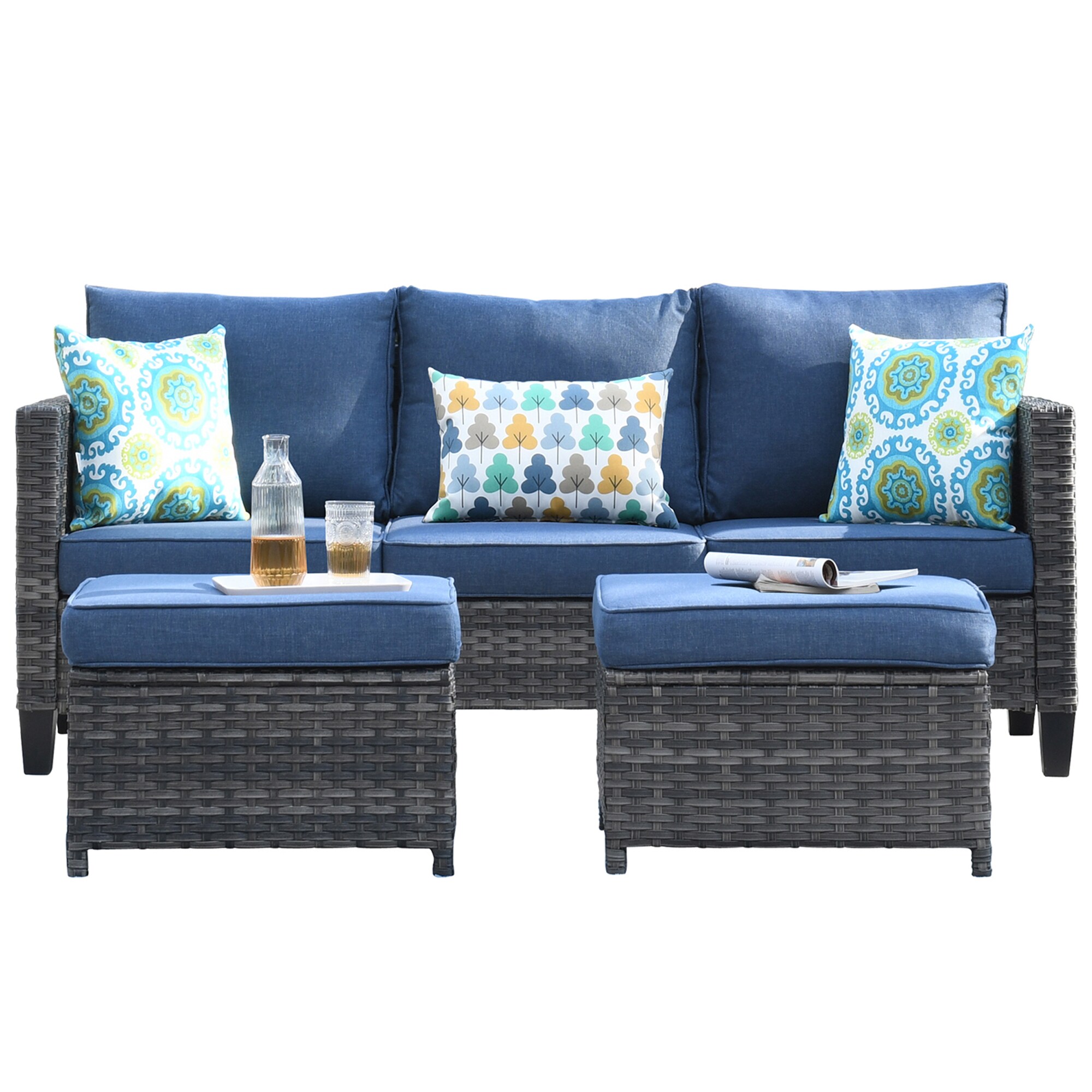 Pouuin 7-piece Rattan Patio Conversation Set With Blue Olefin Cushions 