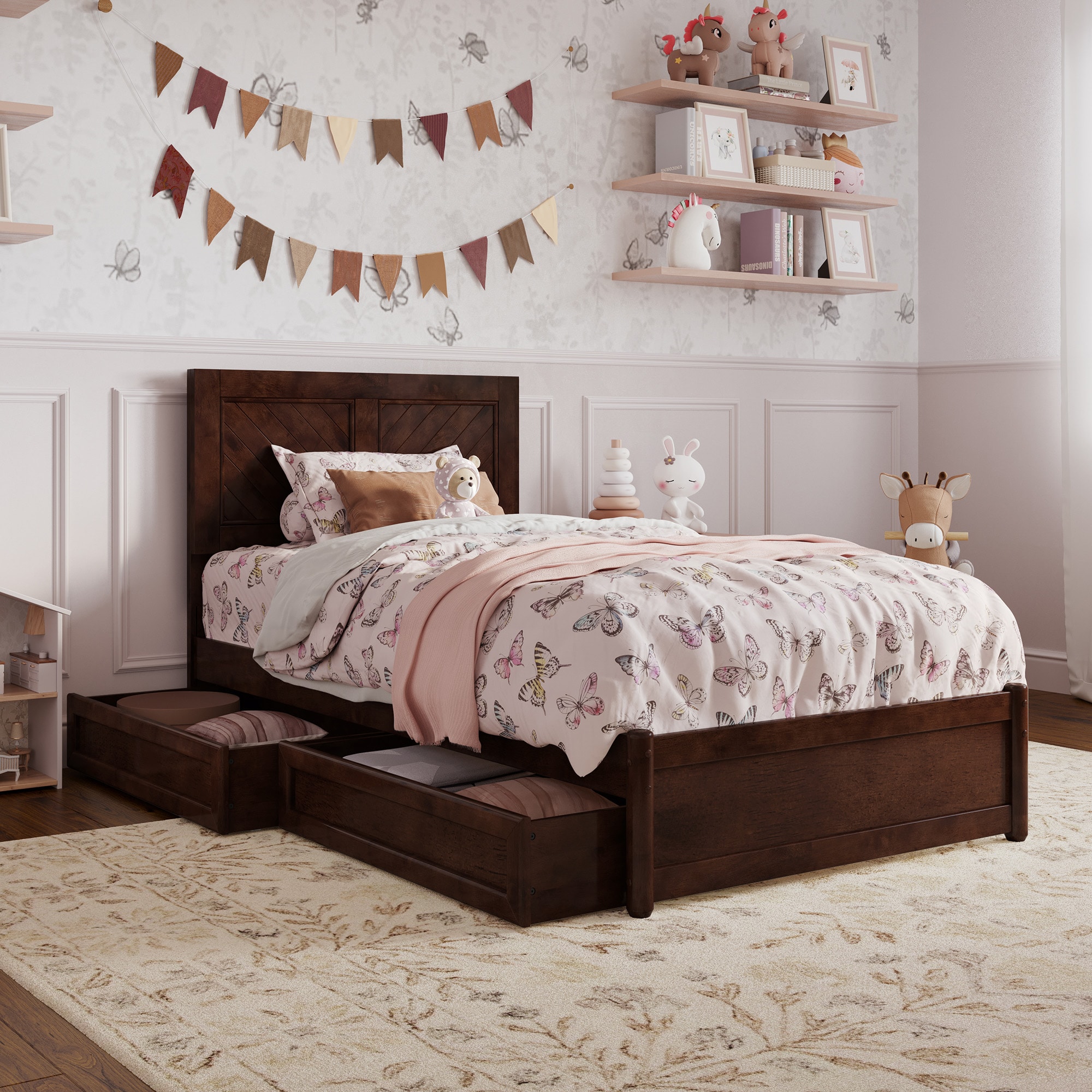 AFI AR9587124 Twin Walnut Wood Platform Bed Storage with Headboard