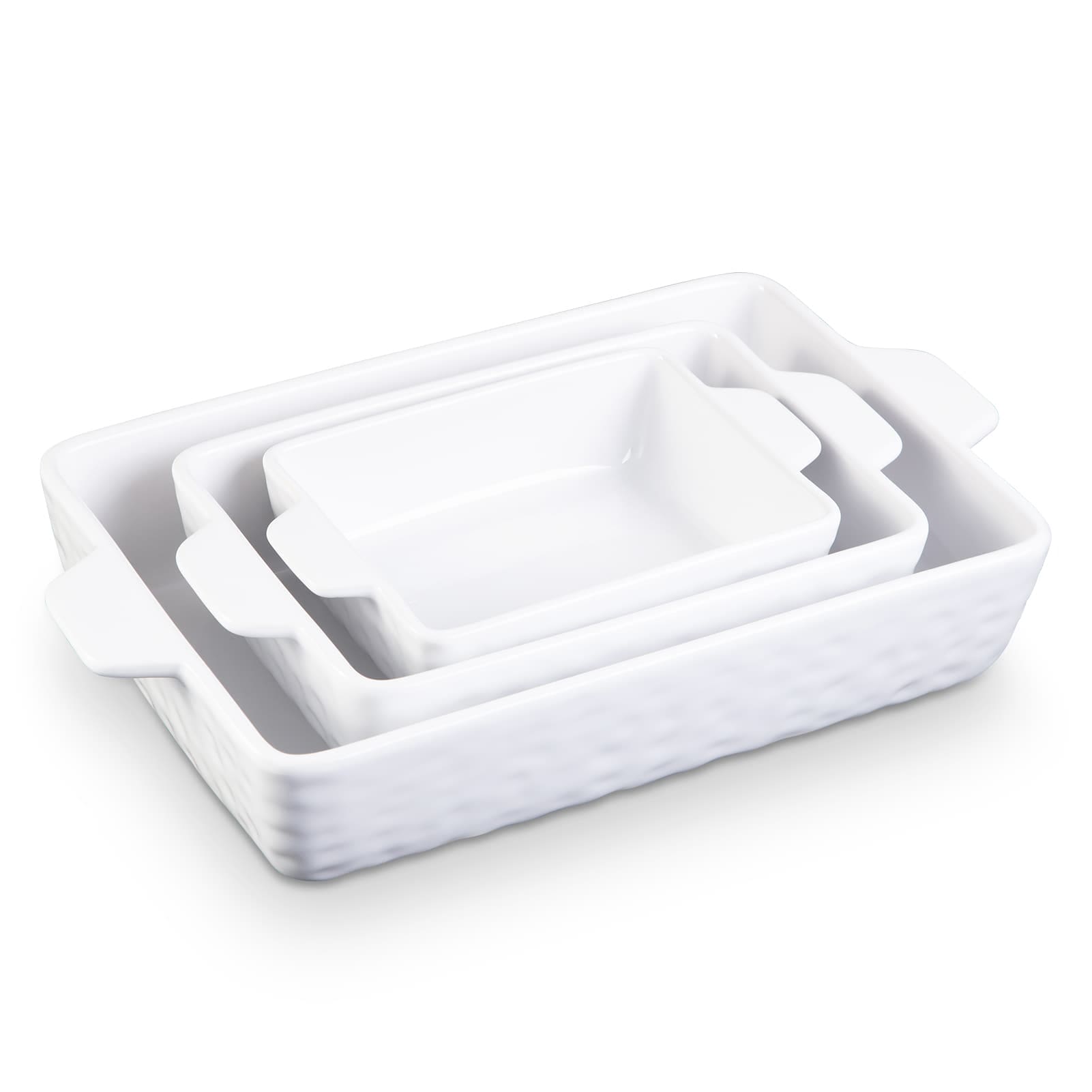 WhizMax JXNAG-PHO-0QKZOZ9A Baking Dish Set of 3 Piece Ceramic Casserole Dishes for Oven Bakeware Rectangular Baking Pan Set with Handles for Kitchen Porcelain Bakeware for Cake Lasagna-White