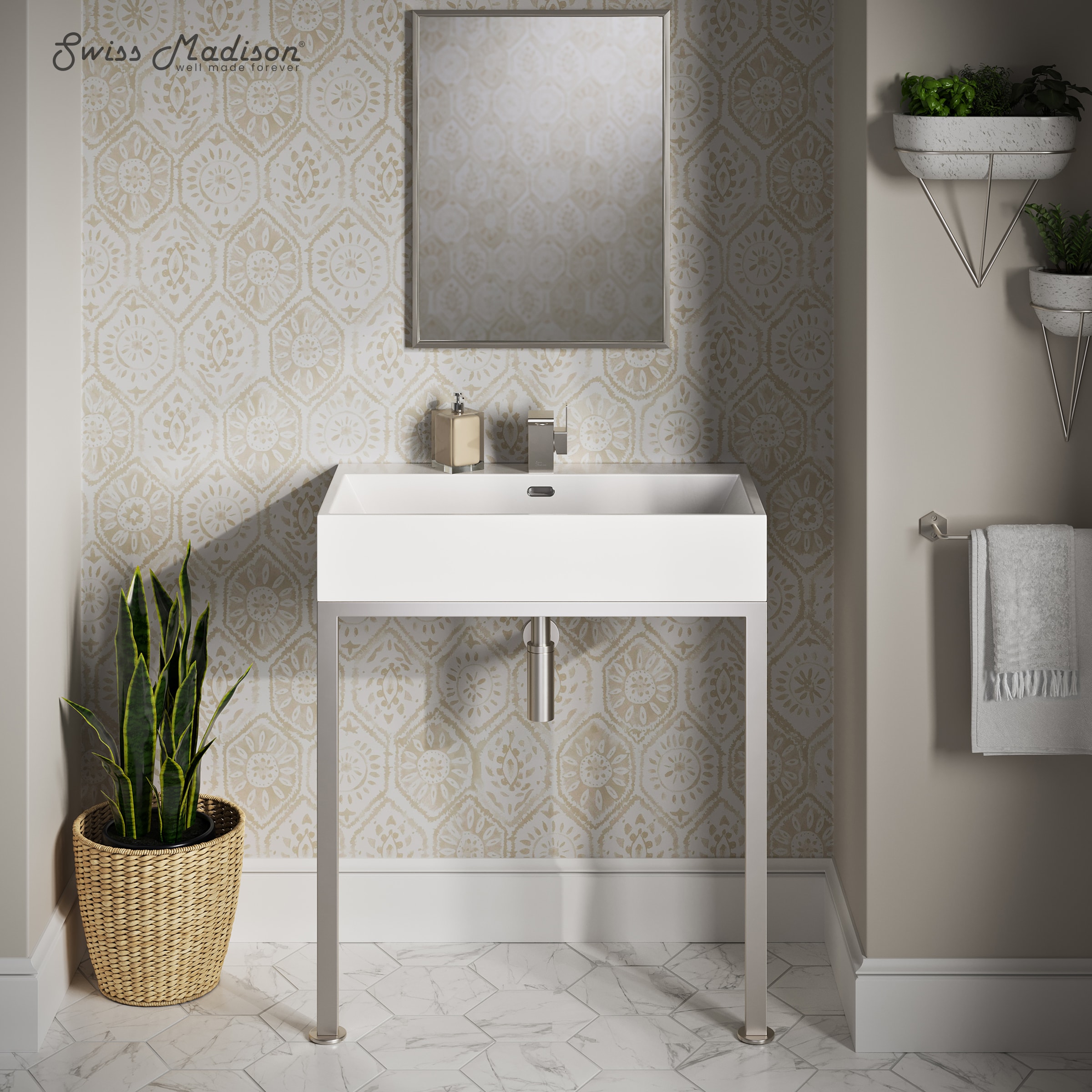 Swiss Madison SM-25-CSBAS14GS Bastille Ceramic 29.5-in Wall-mount Modern Matte Silver Console Sink with Base