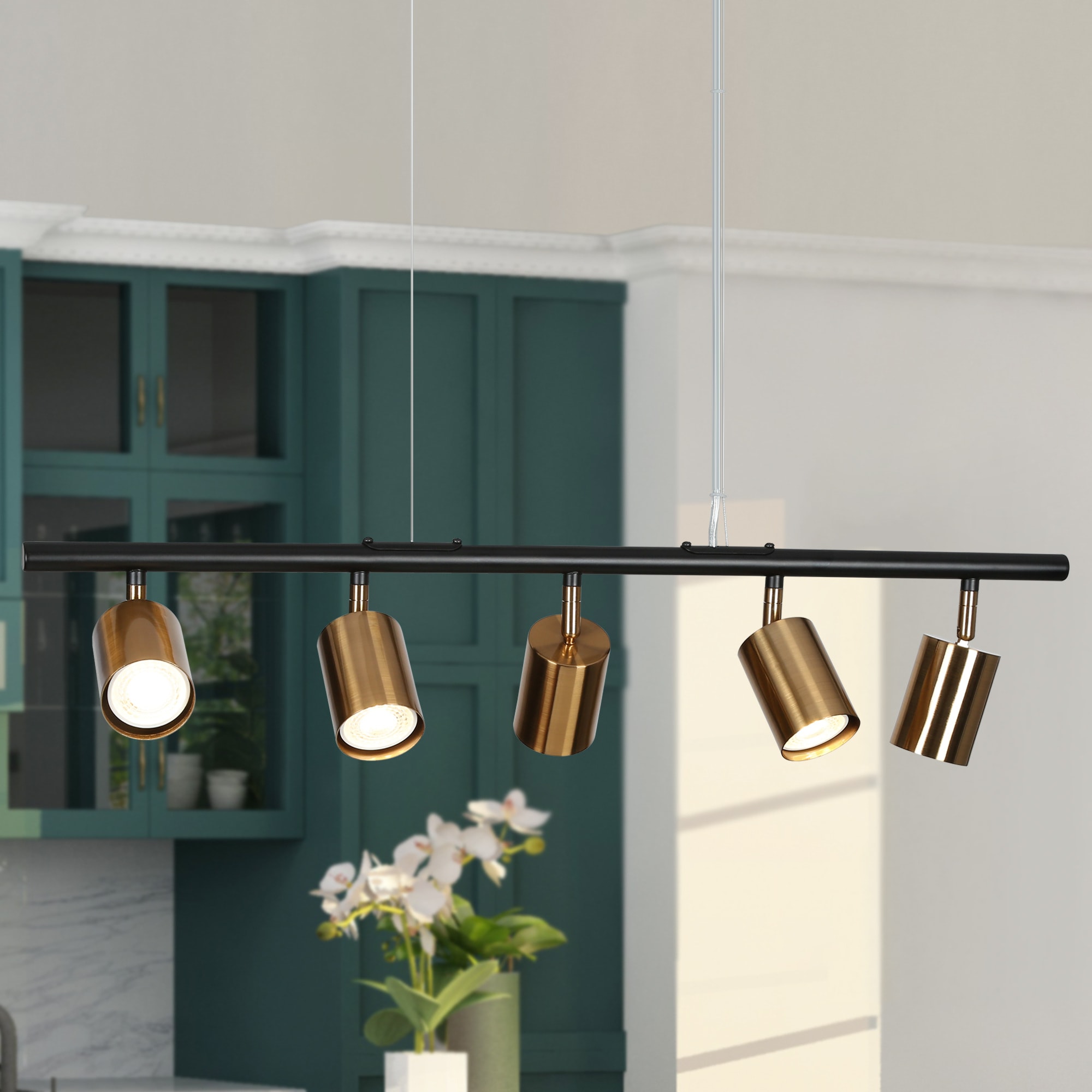 ZEVNI L32ENIQ2W4556ST7 Elroy 5 -Light Brass and Black Linear Island Lighting Transitional Linear Large Hanging Kitchen island light