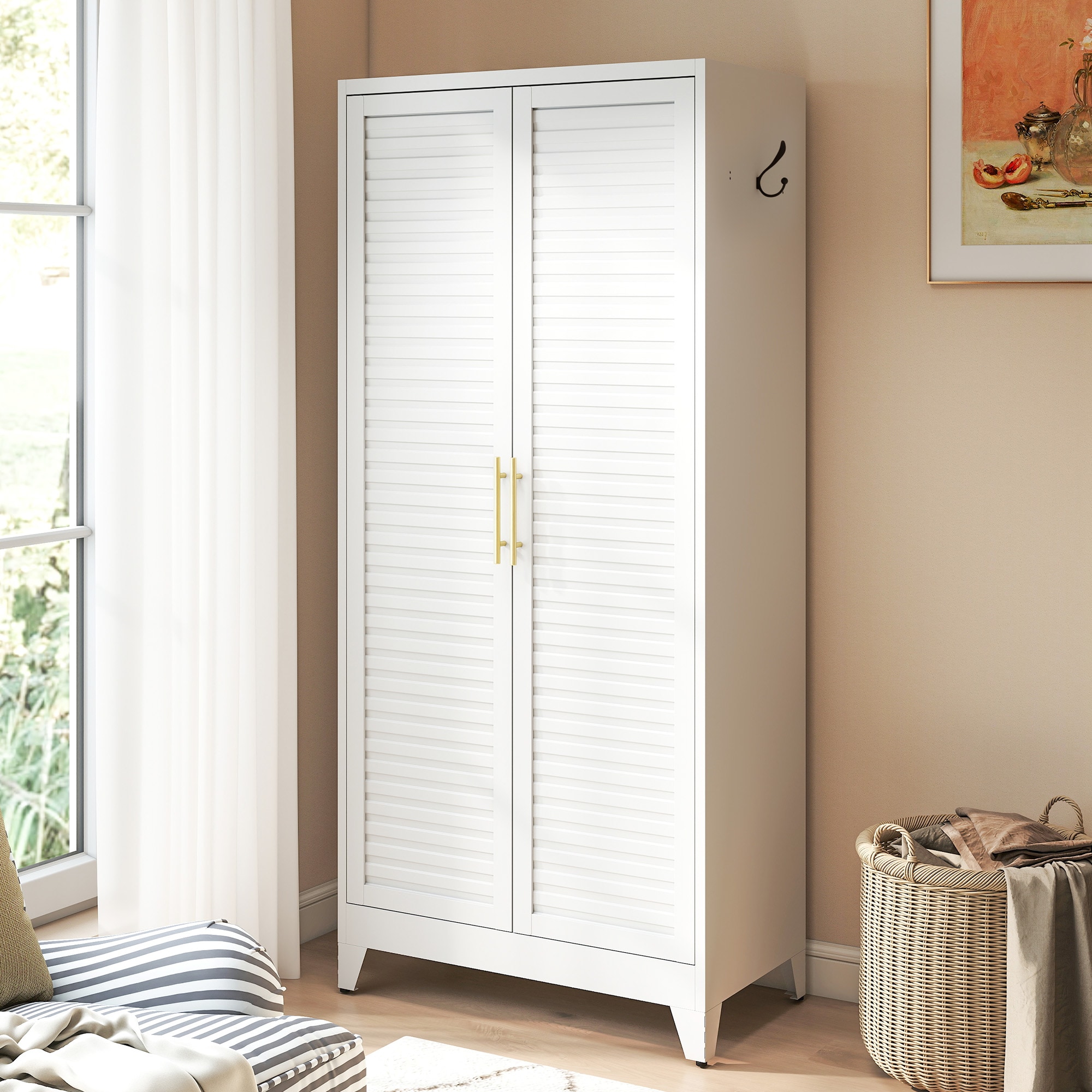 KTMBDW - Metal Armoire Wardrobe Closet - White Clothing Storage Cabinet with Adjustable Shelves a...