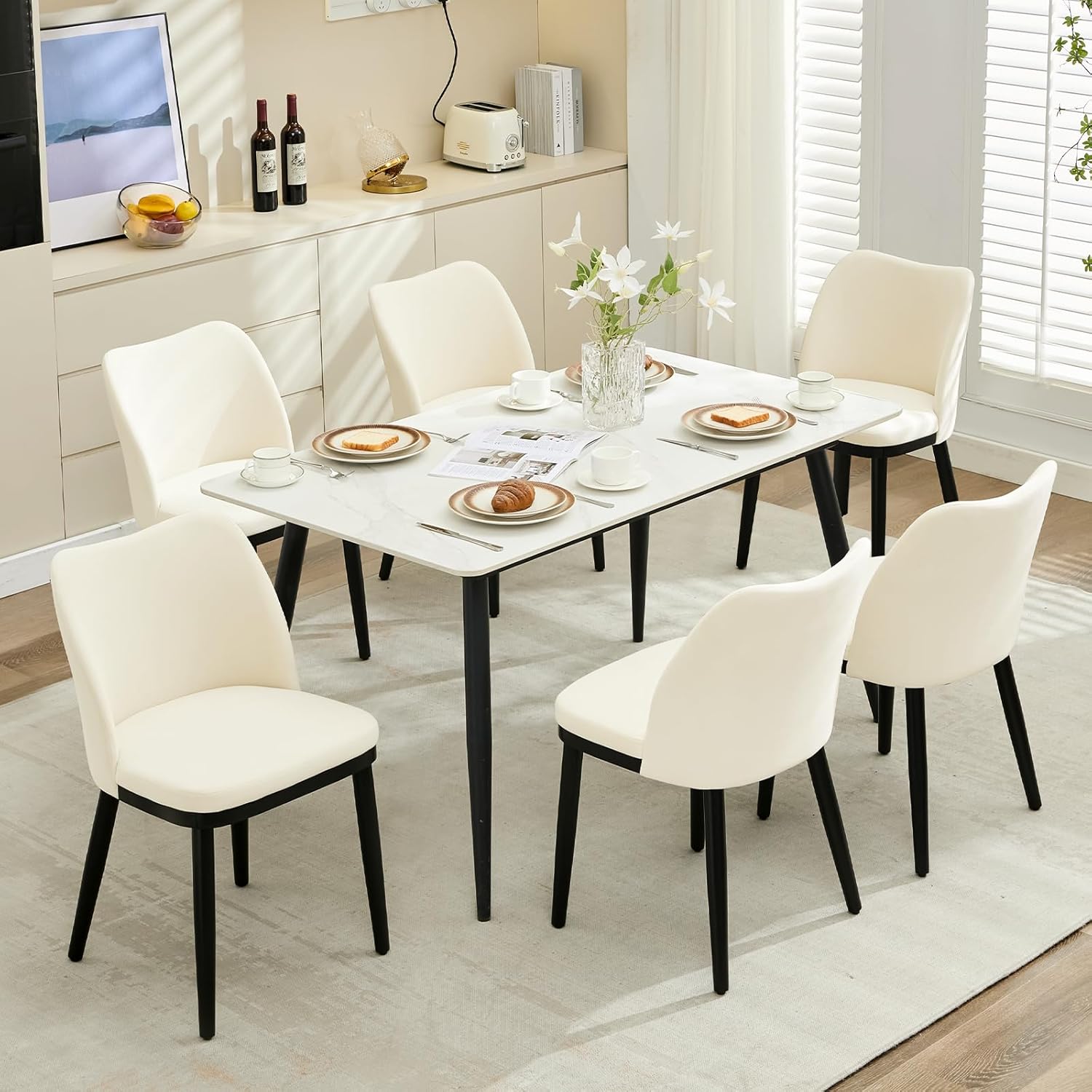 Qeetex QET-DC-WJ559 6 Dining Chairs - Upholstered Velvet Dining Room Side Chairs - Chair for Dining Room with Padded Seat and Wood Legs-Modern Dining Chairs for Restaurant - Kitchen - Cafe - Living Room(Off-White)