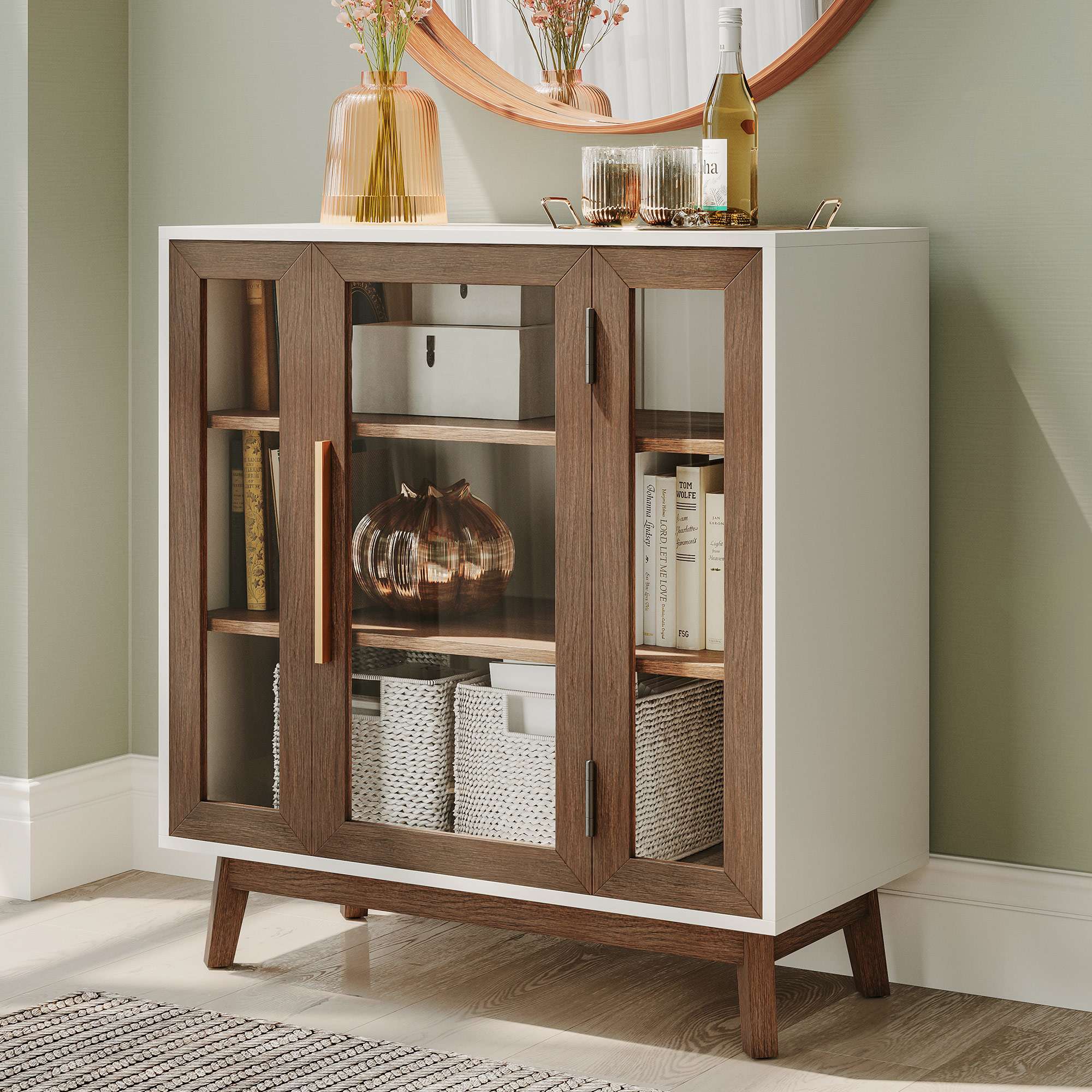 Belleze 014-HG-43505-BRO Sideboard Buffet Cabinet Modern Curio Cabinet 3 Tiers Console Table Brown