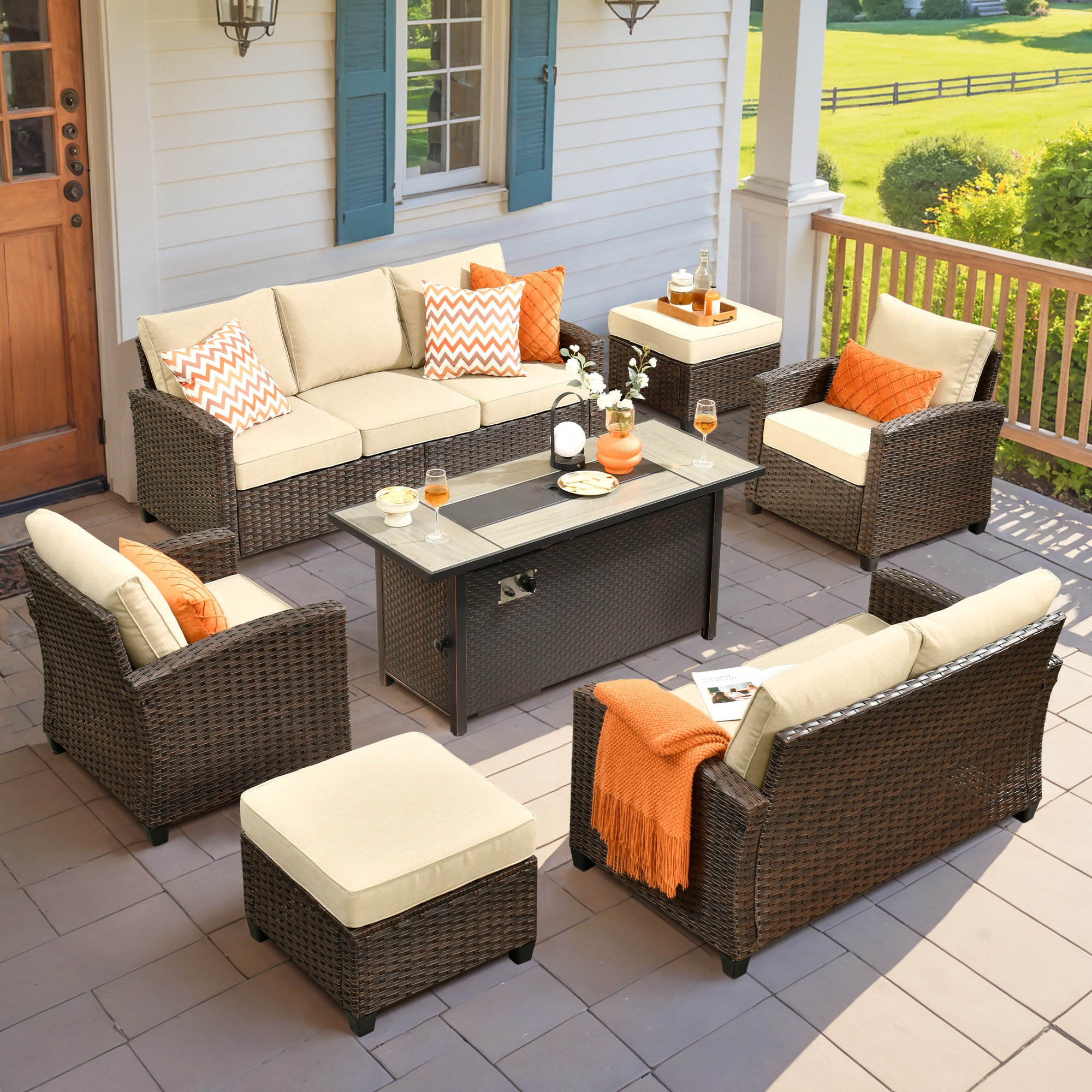 weaxty HMBCFP8503ZTPRS607 Gem 7-Piece Wicker Patio Sofa Conversation Set with Off-white Cushions