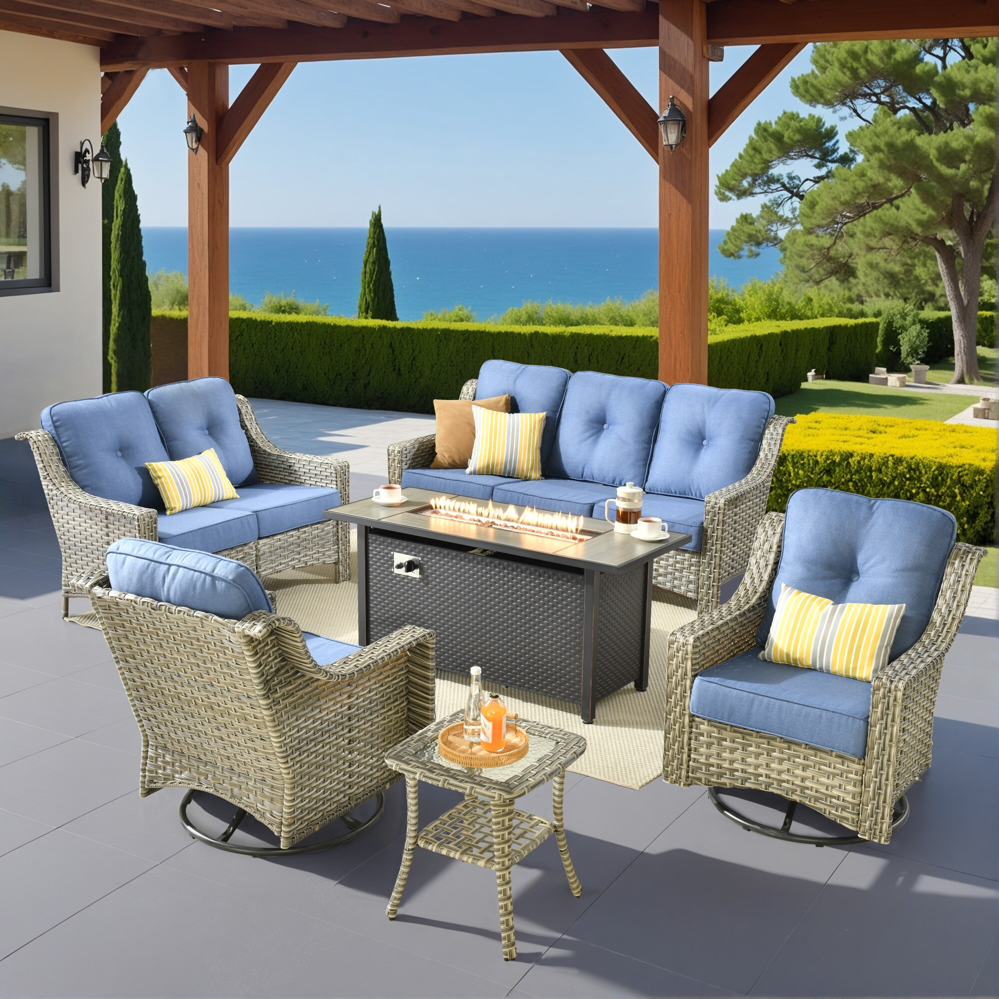 Caodoc L5-CFP03-YZPAD506 New right-Angles Rattan Outdoor Sectional with Blue Cushions and Rattan Frame