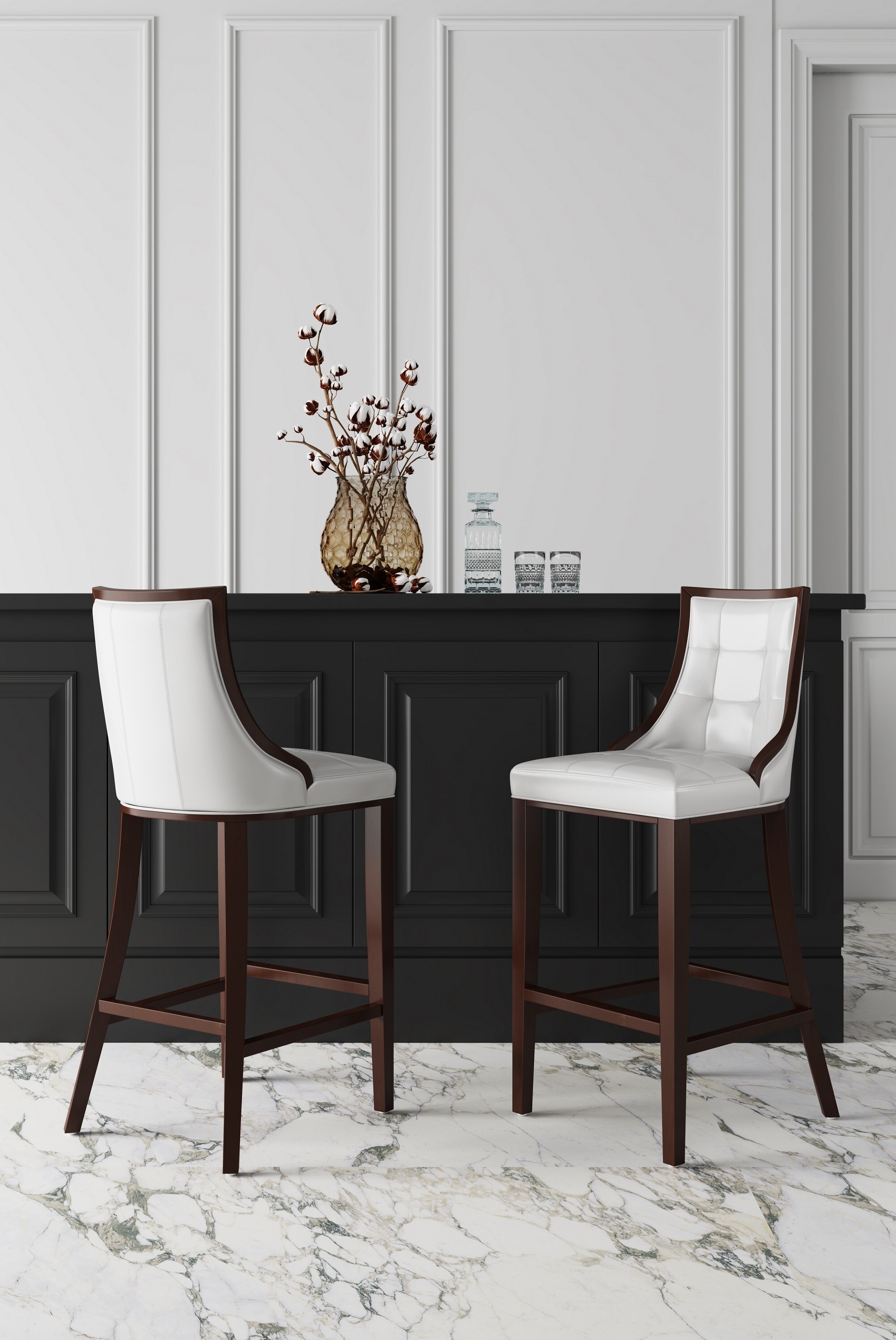 Manhattan Comfort 2-CS012-PW Set of 2 Pearl White and Walnut 26-in H Bar height (28-in to 33-in) Square Seat Upholstered Wood Back Bar Stool Back