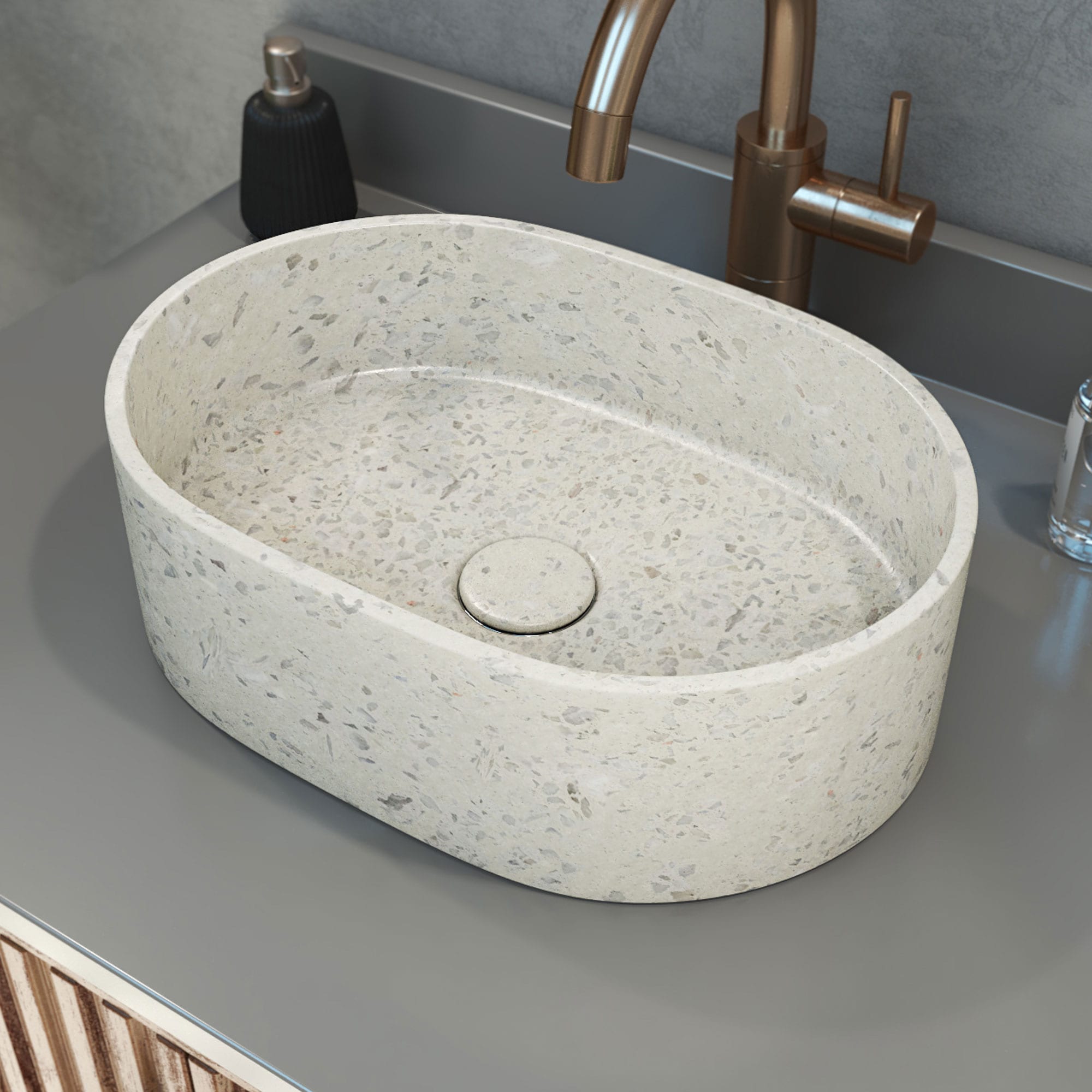 DreamLine SVAM15L11W4LX10 Ambia Concrete Vessel Oval Modern White Bathroom Sink with Drain Included ( 14.76-in x 11-in )