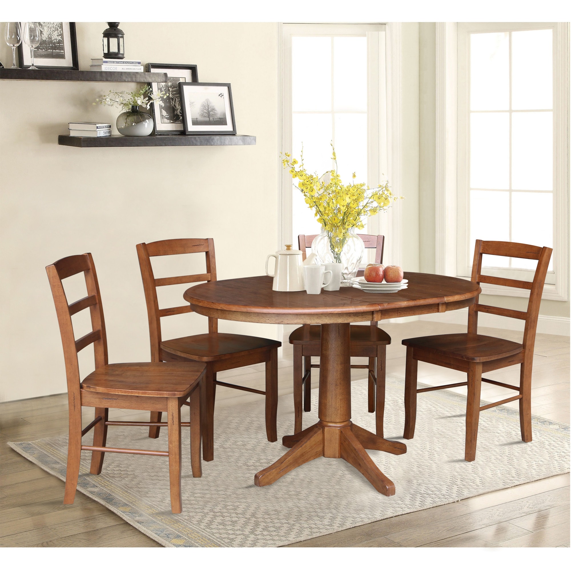 Distressed Oak 36" Round Extension Dining Table with 4 Ladderback Chairs