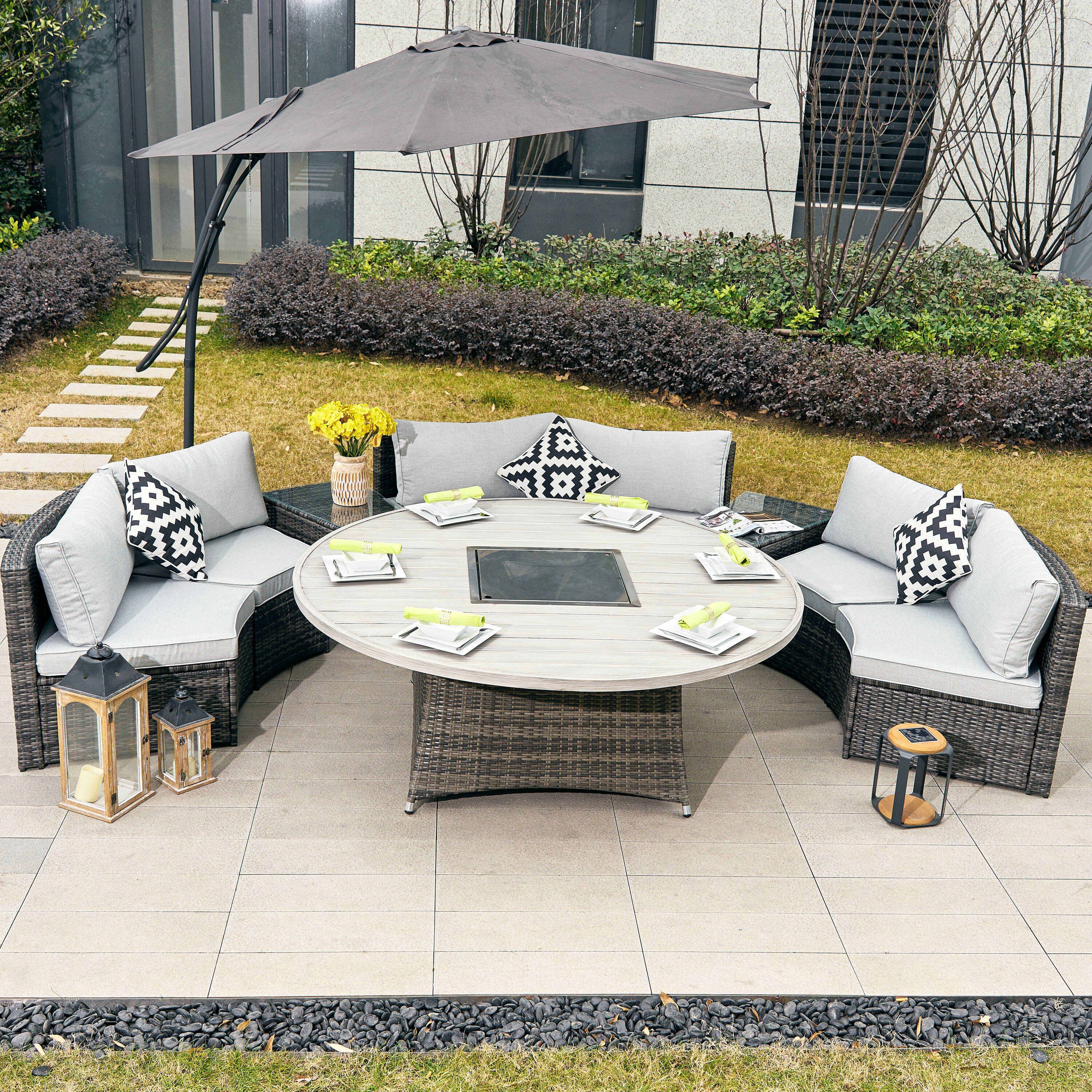 Direct Wicker DWS-1205B6S2T&08A-G 9 -Piece Gray Wicker Patio Dining Set Aluminum Round Table with 6 Gray Cushions Stationary Chairs Fire Pit Included