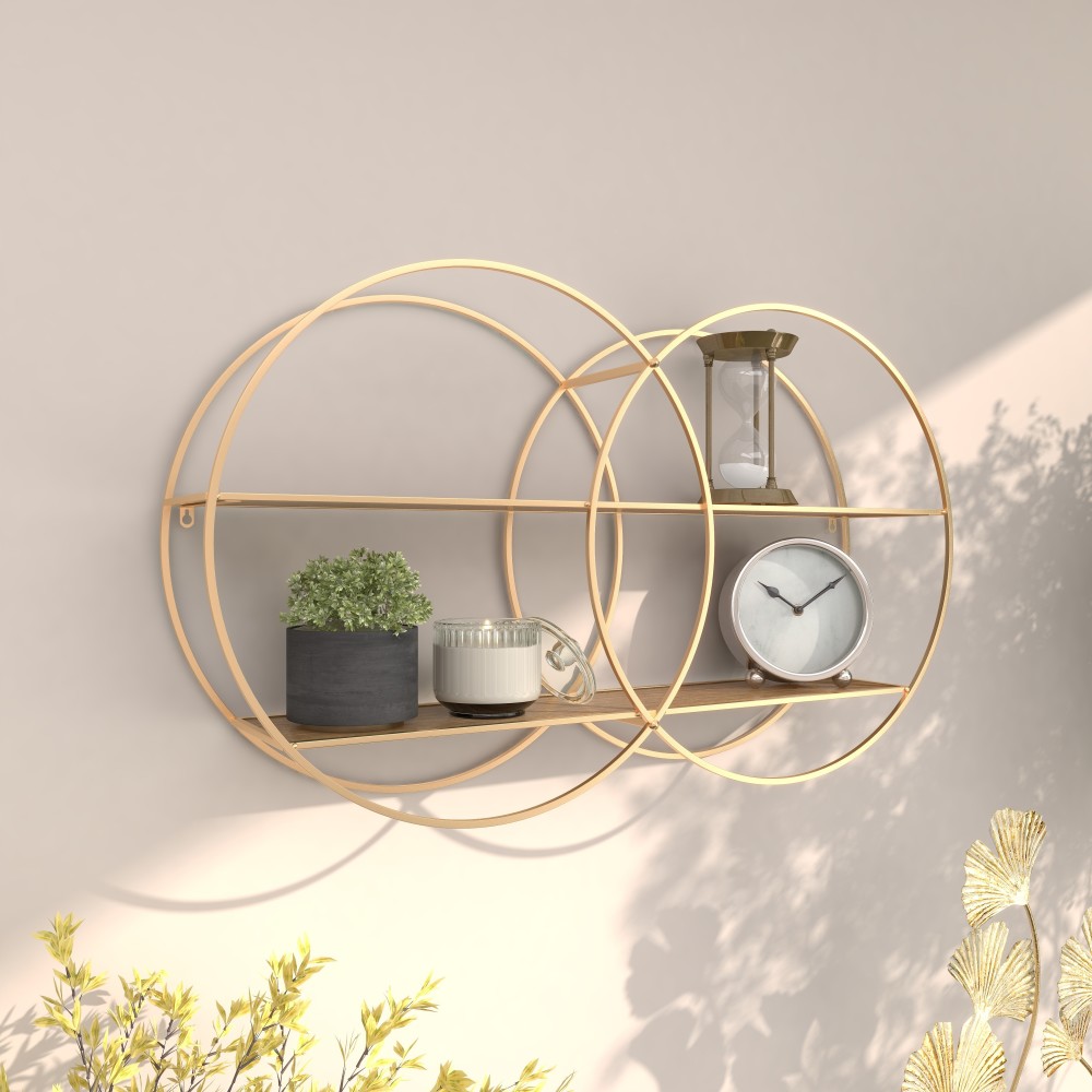 CosmoLiving by Cosmopolitan 73863 30.15-Inches L x 6.25-Inches D x 17.75-Inches H Gold Round 2 Shelves Metal Circle Tiered shelf 2 Decorative Shelves