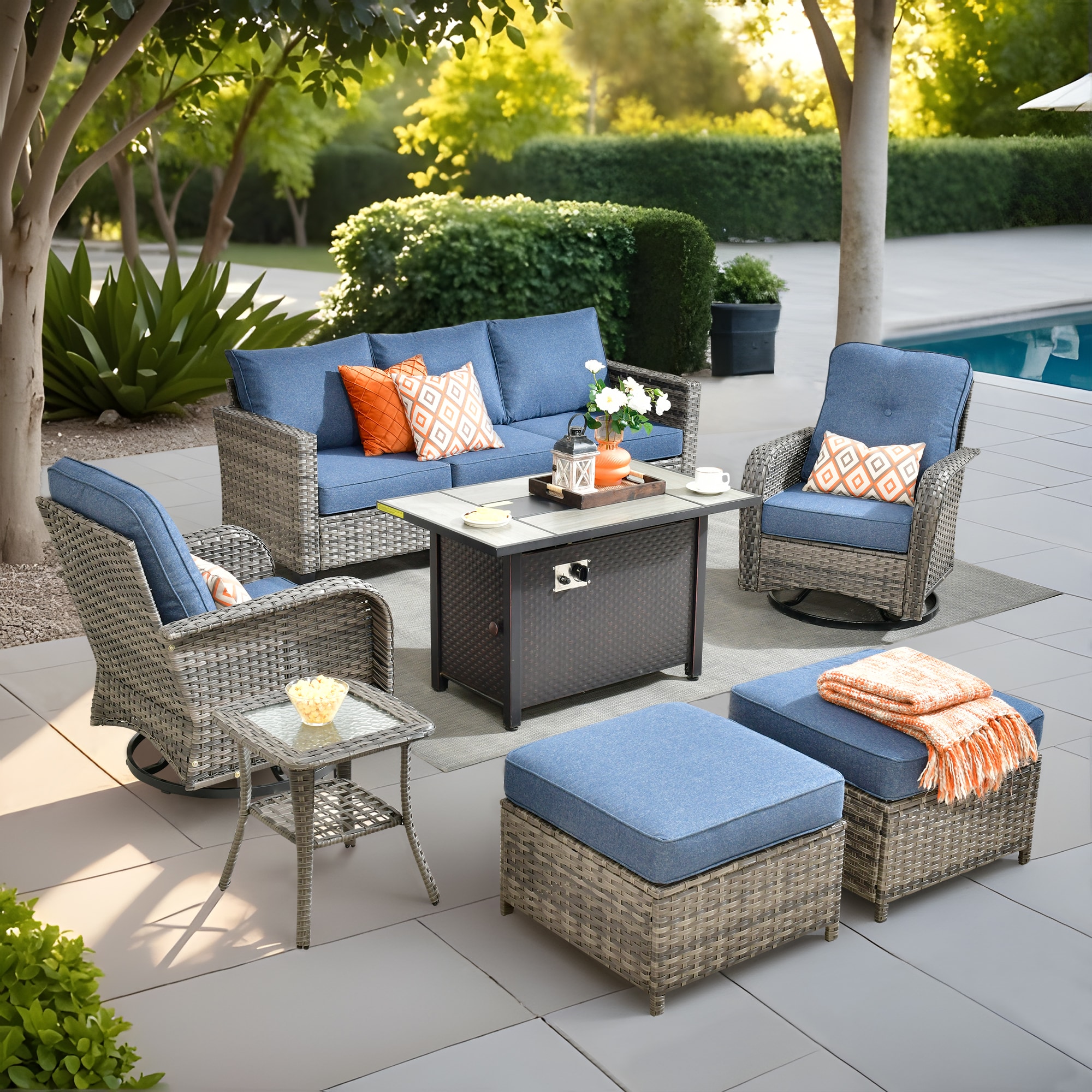 weaxty HMB03YZGNCRS3S71 Initial 7 -Piece Wicker Patio Sofa Conversation Set with Blue Cushions