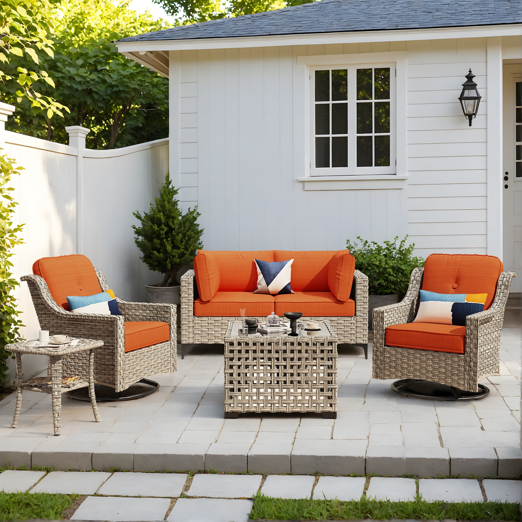 Pouuin SKT806 5 -Piece Wicker Patio Conversation Set with Orange Cushions