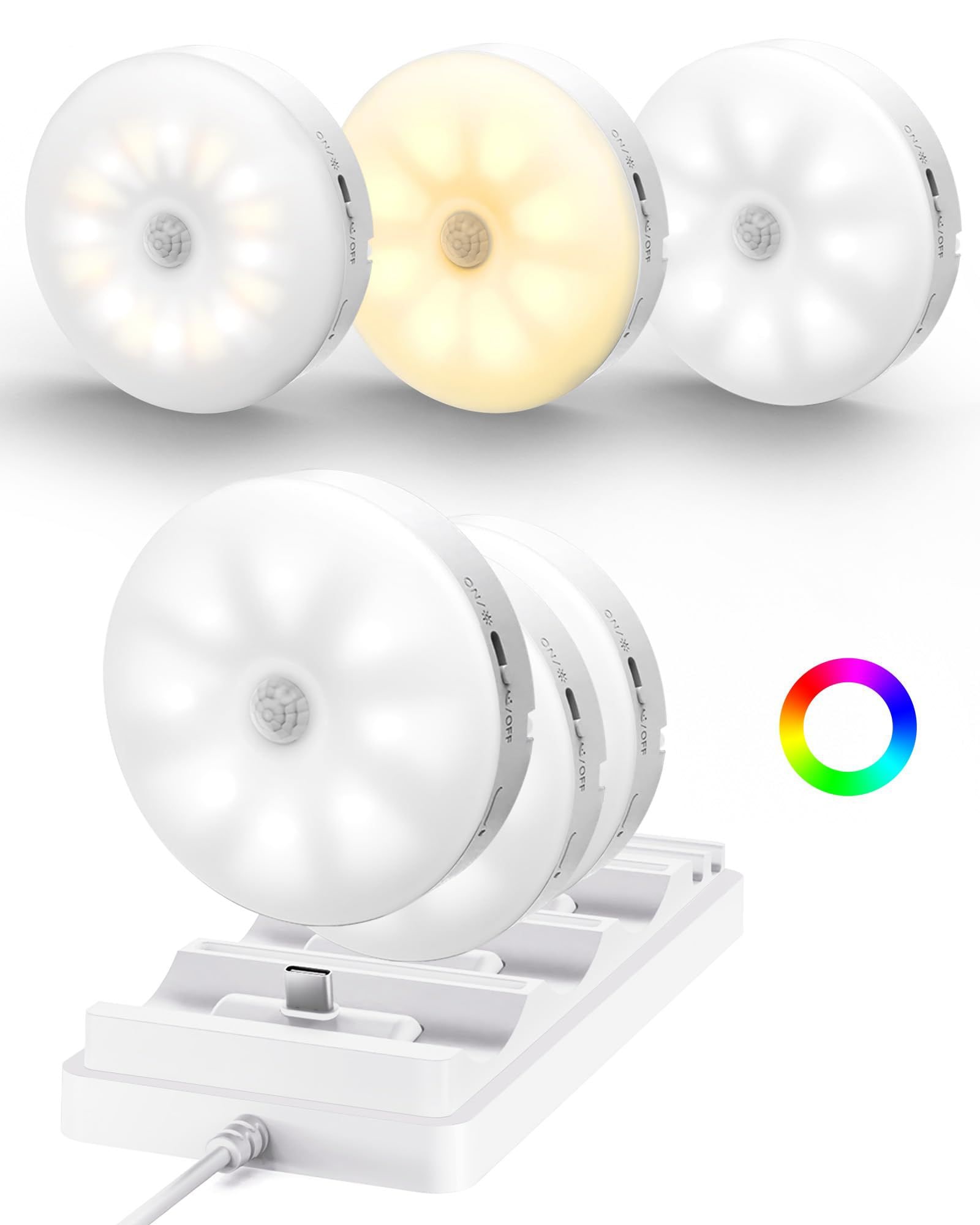 EZVALO EZL2415A-6-WHCB Motion Sensor Puck Lights Adjustable Under Cabinet Light Control 6 Pack+Station