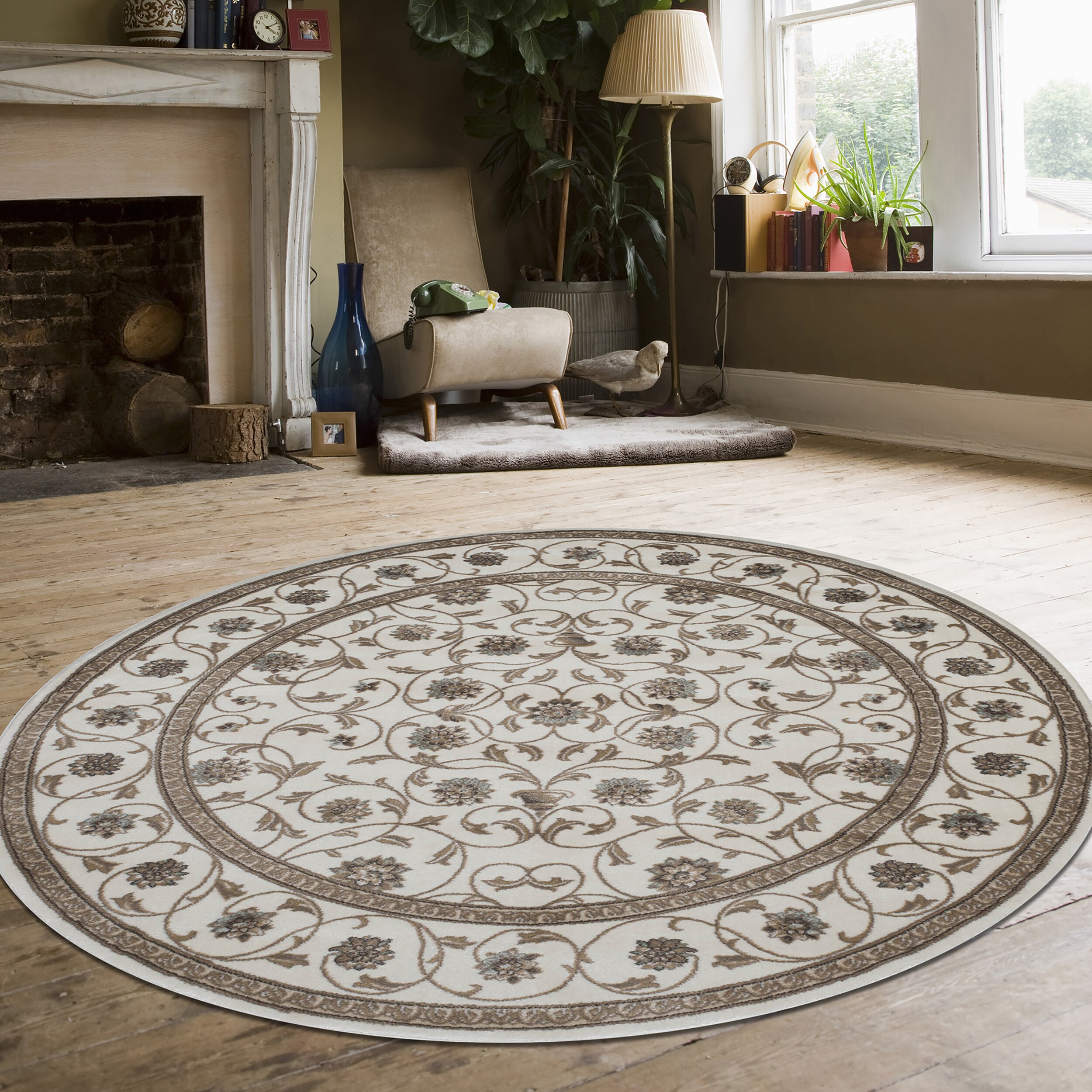 Radici USA 3743/1025/BONE Pisa 8 x 8 (ft) Polypropylene Bone Round Indoor Floral/Botanical Oriental Area rug