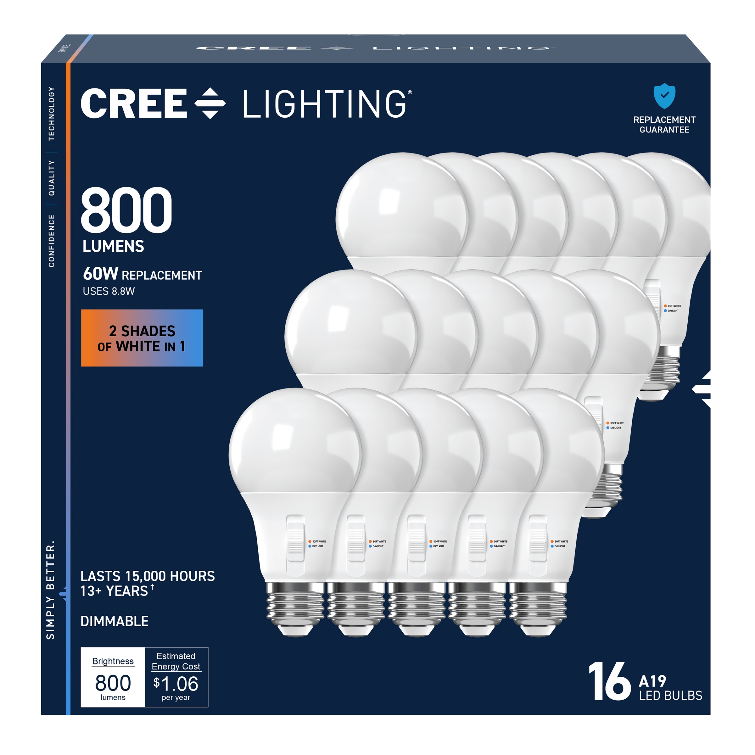 Cree Lighting CL800A2CCT15K16 60 -Watt EQ E26 Switchable white Medium base (E-26) Dimmable LED General purpose Light Bulb 16 -Pack