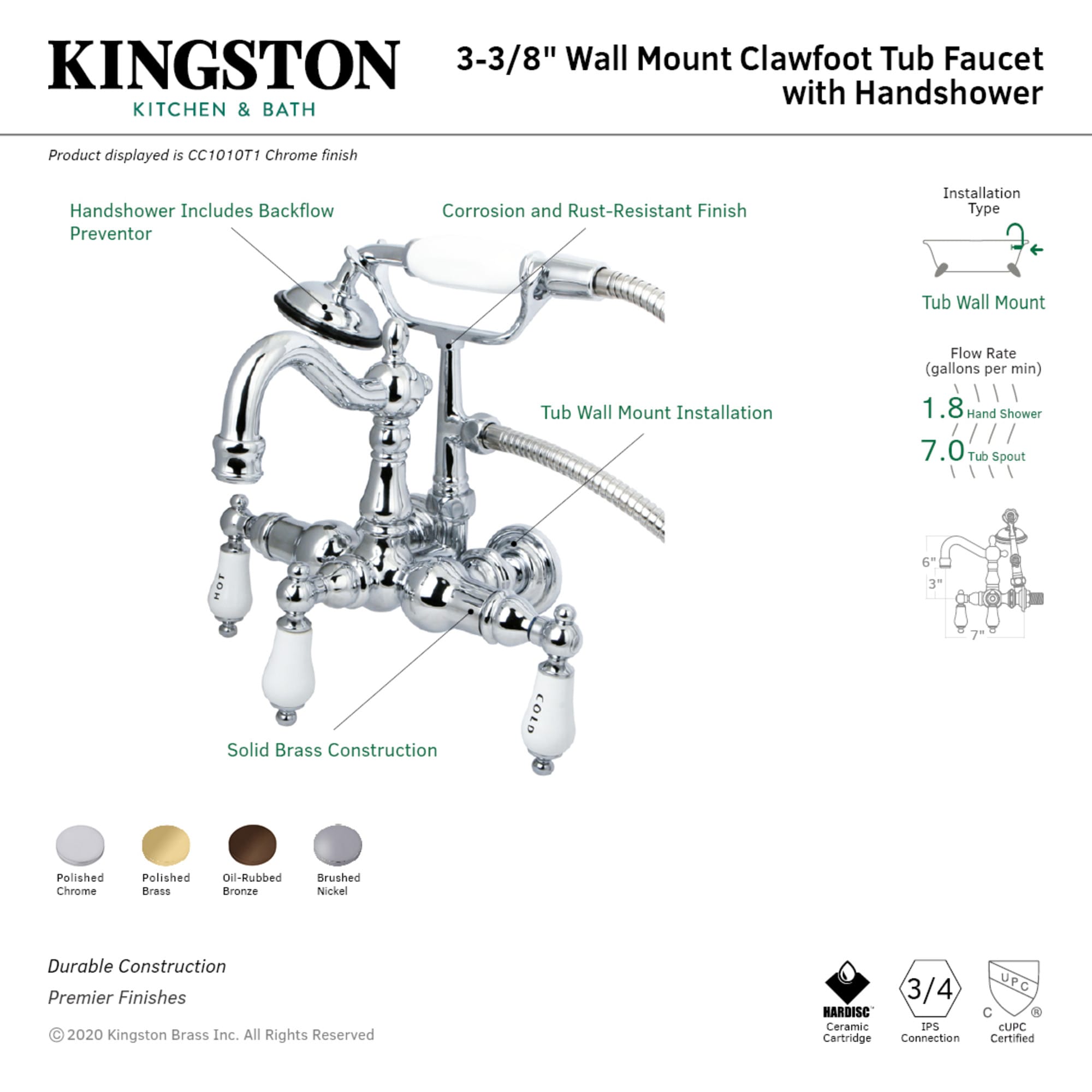 Kingston Brass Vintage Polished Brass 3 Handle Wall Mount High Arc Bathtub Faucet With Hand 1633