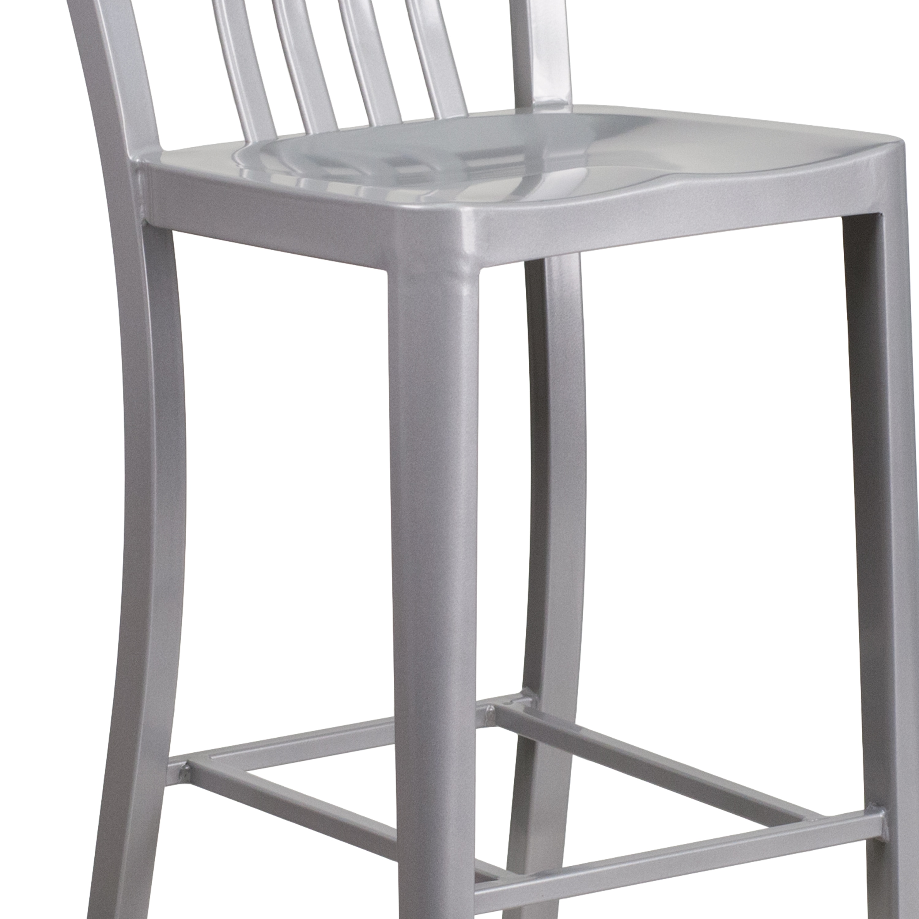 Silver Metal 30" High Indoor-Outdoor Barstool with Slat Back