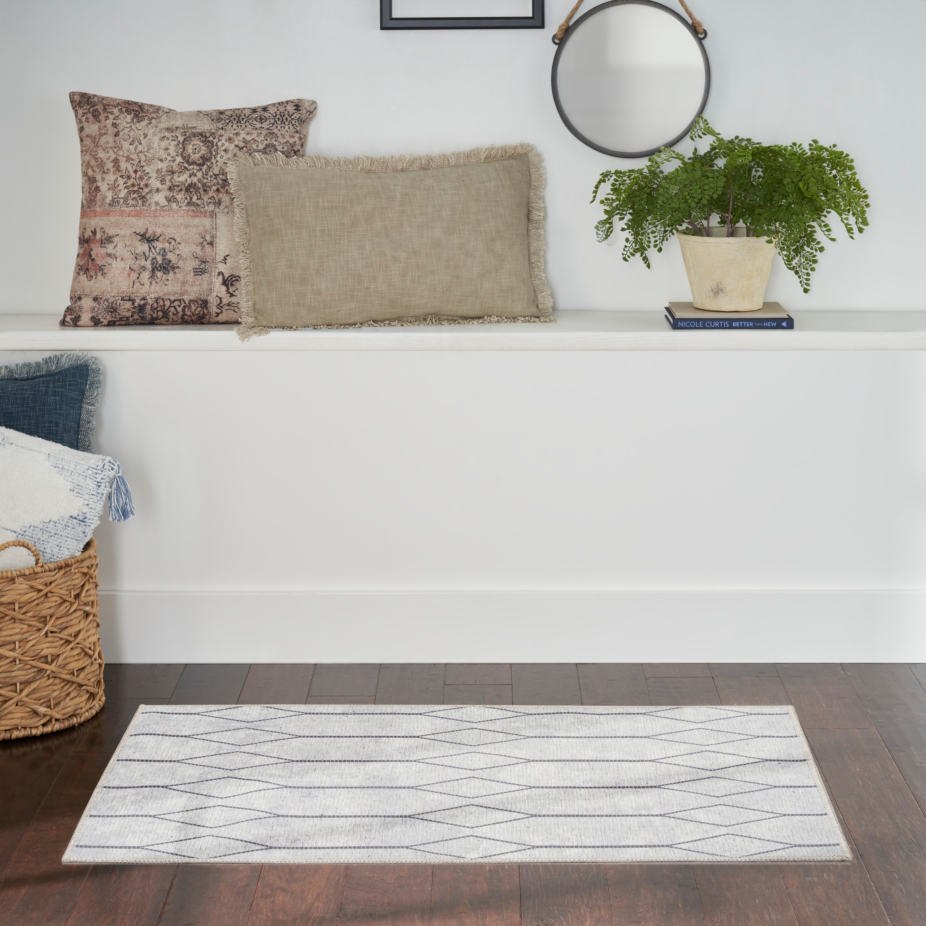 Nicole Curtis 099446163752 Machine Washable Series 1 2 x 4 (ft) Loomed Polyester Ivory/Grey Rectangular Indoor Geometric Mid-Century Modern Machine washable Area rug