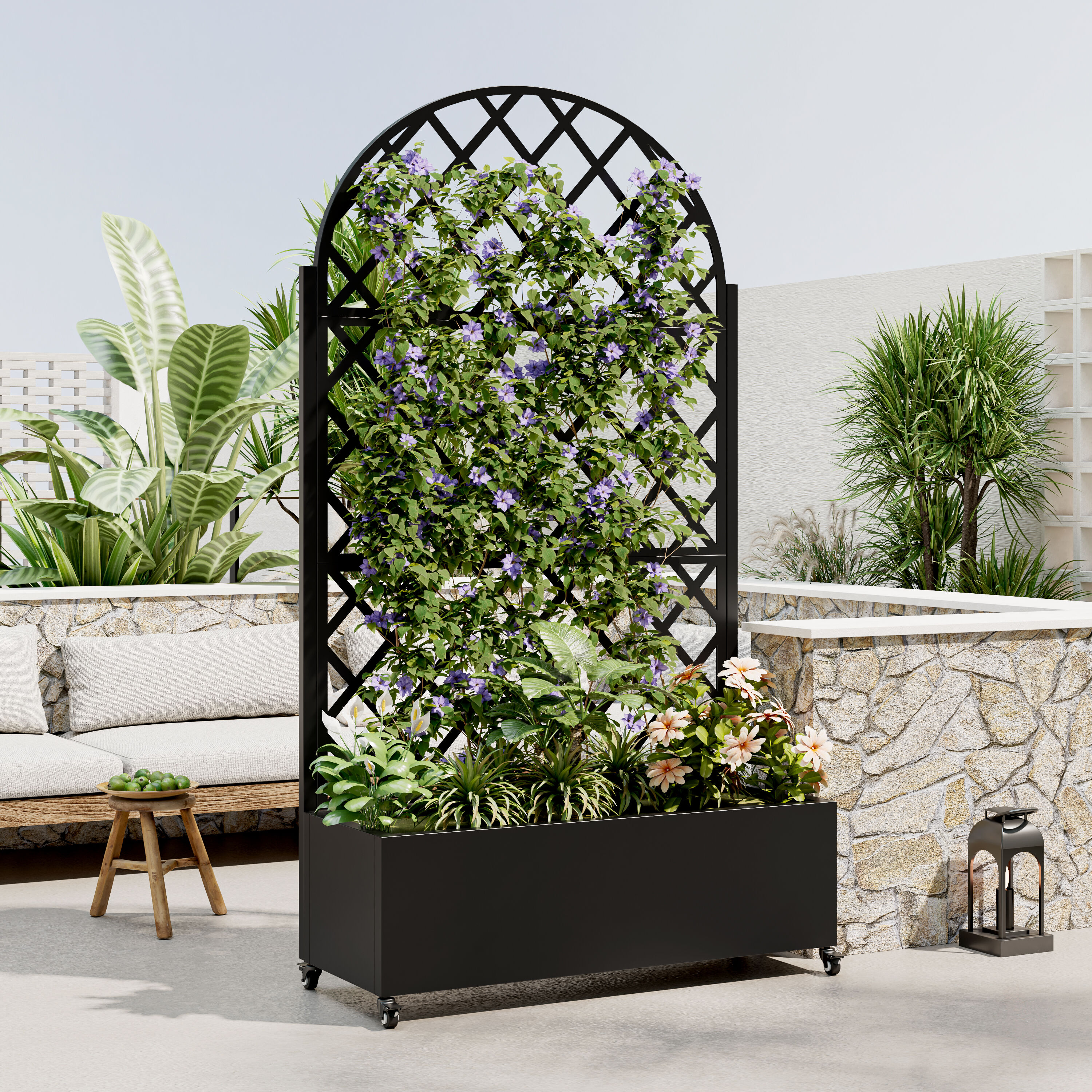 LOVMOR SFRW347P331028 Round Metal Planter Box with Trellis Raised Garden Bed with 4 wheels Trellis  and  Privacy Screen for Climbing Plants Vegetables Vines