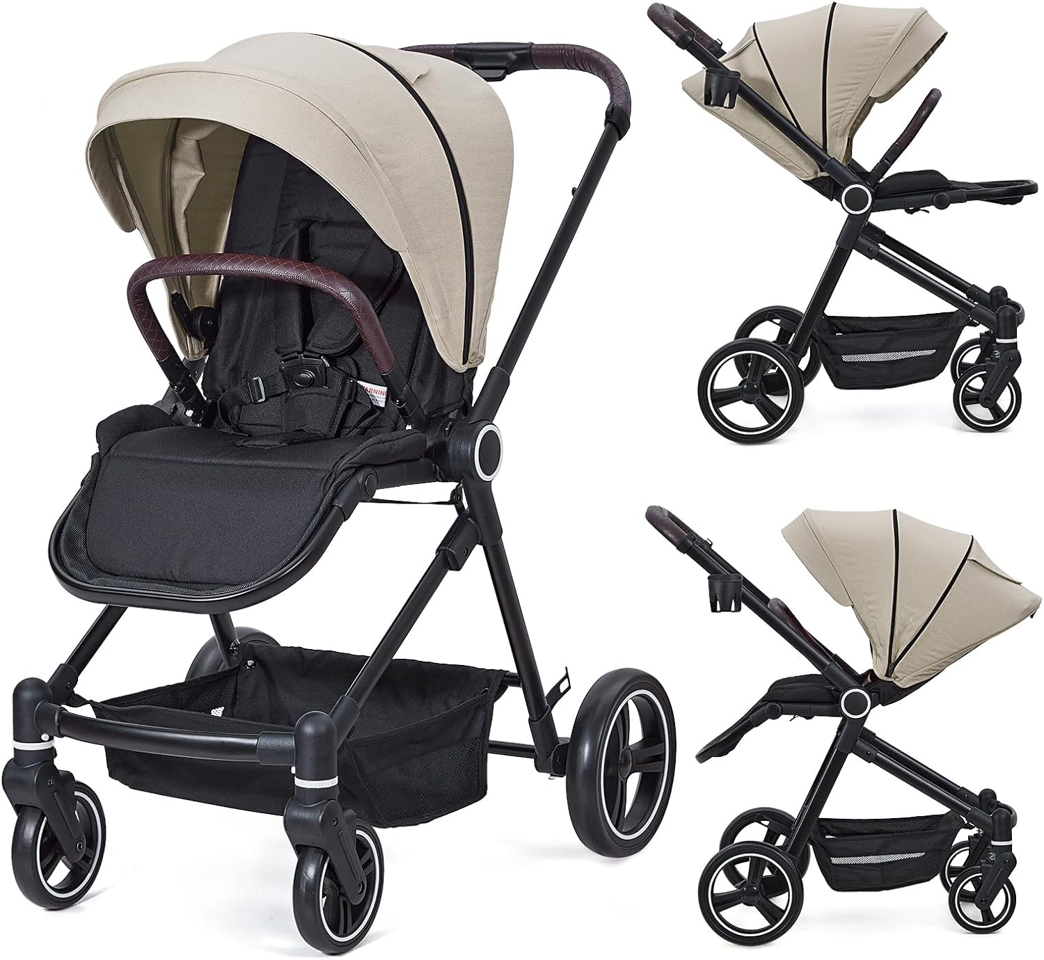 Qeetex POO-PTO-0ZFYIVXD Foldable Baby Stroller High Landscape Pushchair Lightweight Aluminum Frame Waterproof Fabric Reversible Backrest Adjustable Footrest Peekaboo Canopy Large Storage Basket Cup Holder Yellow