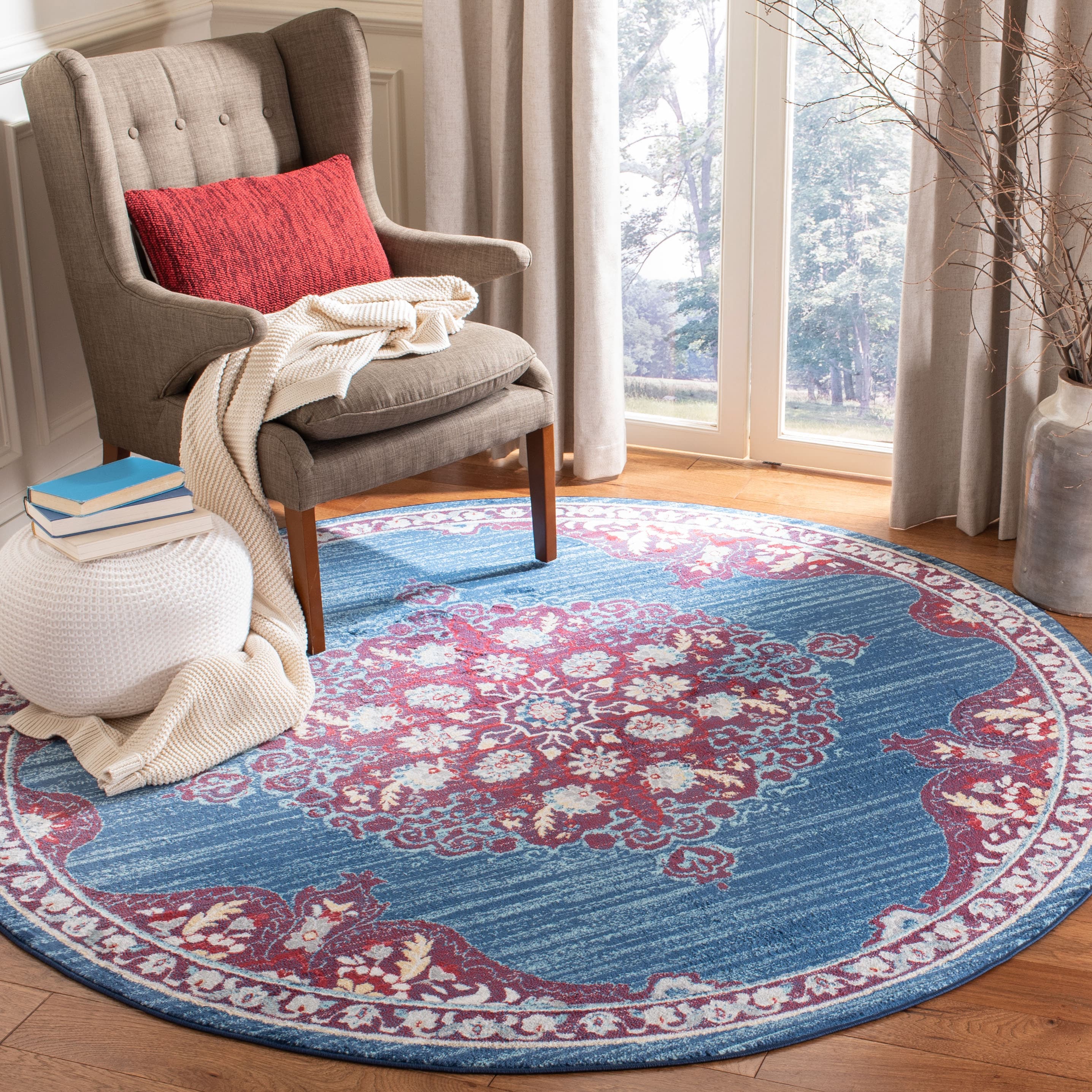 Safavieh BNT867P-3R Brentwood Dottie 3 x 3 (ft) Loomed Polypropylene Navy/Burgundy Round Indoor Distressed/Overdyed Bohemian/Eclectic Area rug