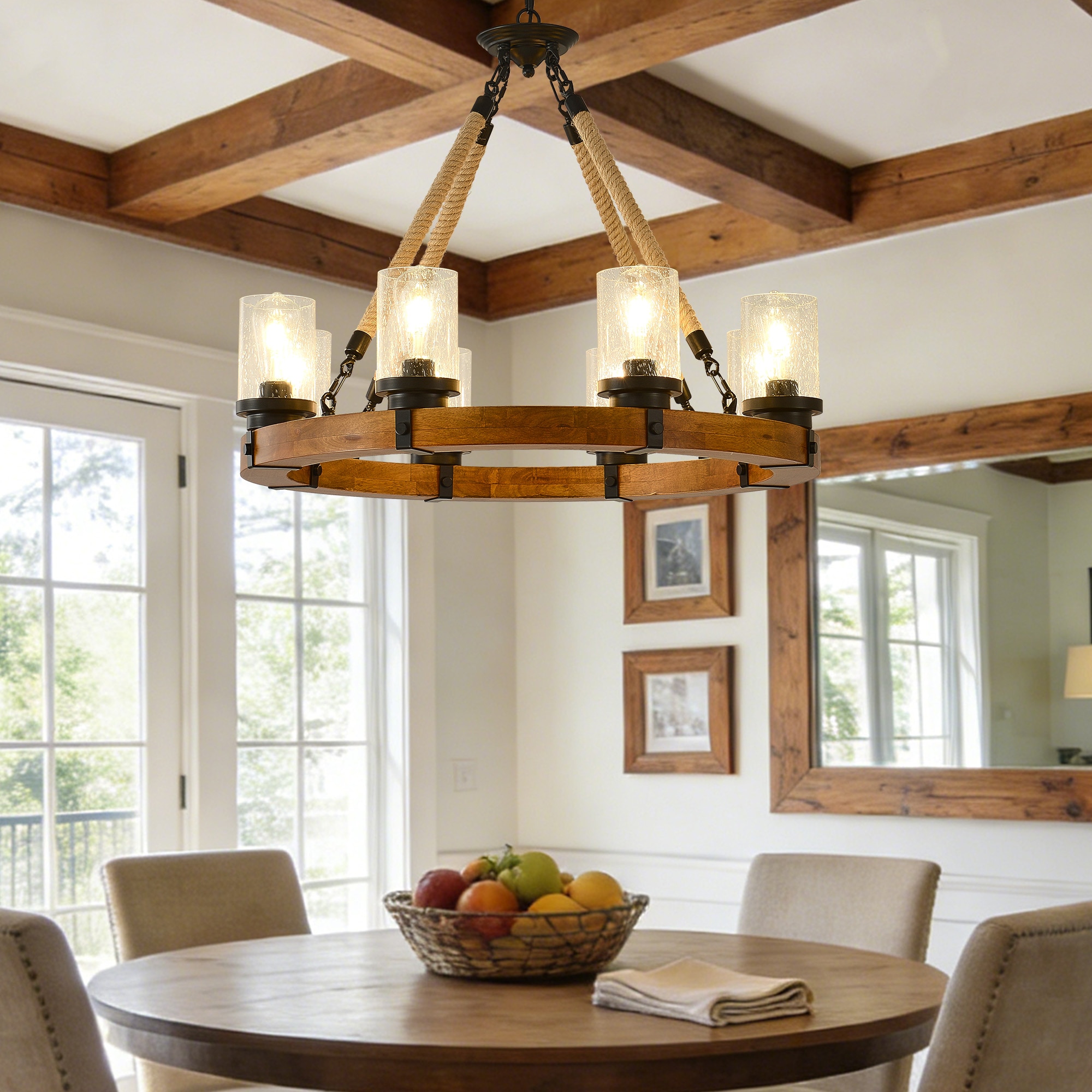 xersbav Rustic Wagon Wheel Chandelier Round Wood Pendant Light with Seeded Glass Shade 8 Lights Farmhouse Chandeliers for Dining Room Kitchen Island Foyer Entryway #WJA19-8