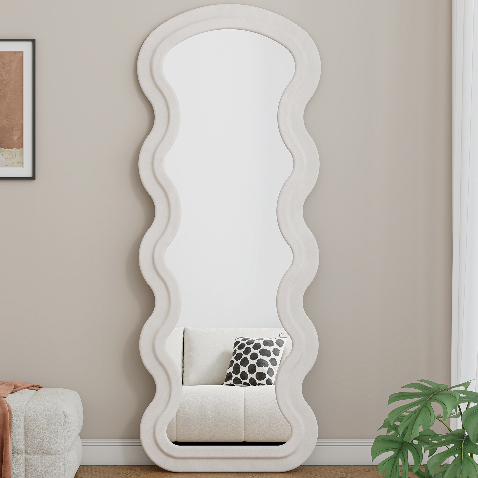 Boyel Living - Flannel Full Length Wave Floor Mirror White with Stand for Bedroom or Living Room