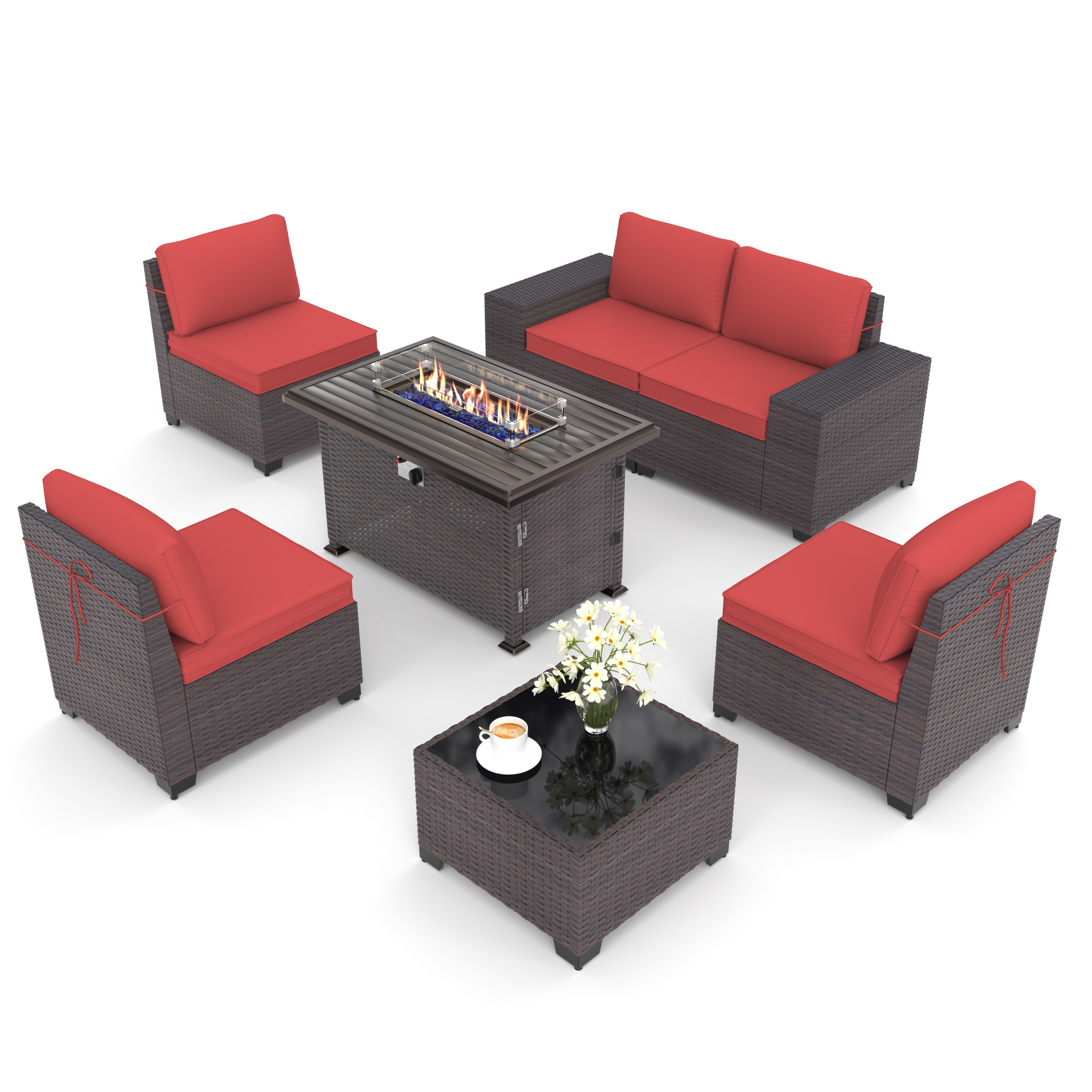 ALAULM LS-6PCS+FP-RED 7 -Piece Wicker Patio Sofa Conversation Set with Red Cushions