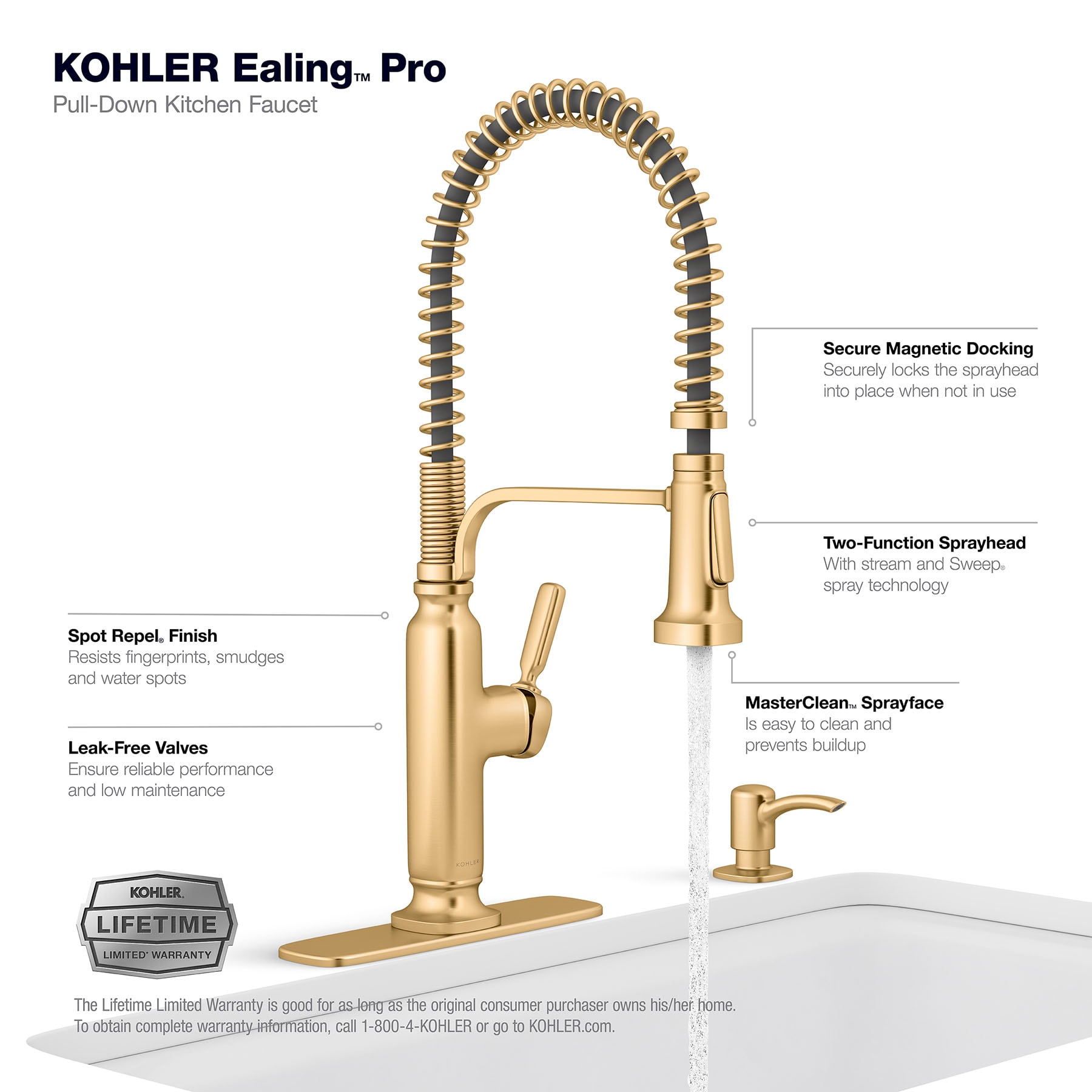 Kohler Ealing Vibrant Brushed Moderne Brass Single Handle High Arc Kitchen Faucet With Sprayer