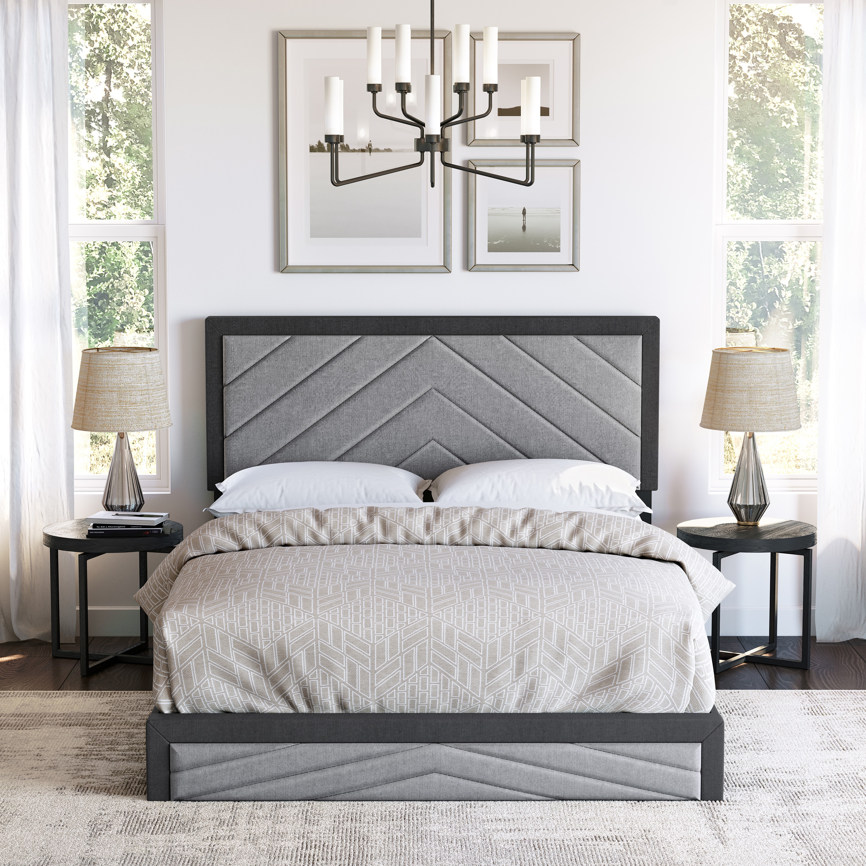 Boyd Sleep HC203700403 Barcelona Linen Upholstered Platform Bed Frame with Chevron Patterned Headboard- Sturdy 14 Slat Wood Support System- No Box Spring Required