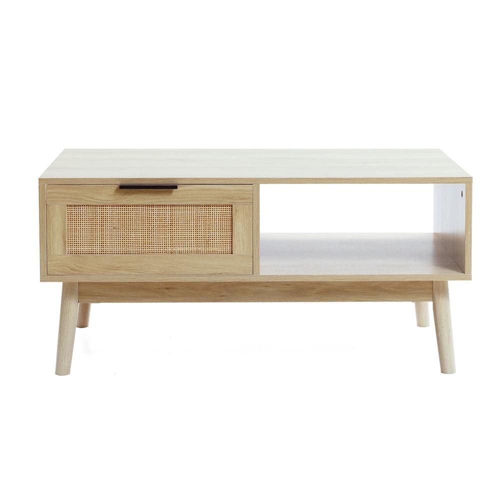 White Oak Finish Rectangular Wood Coffee Table with Storage