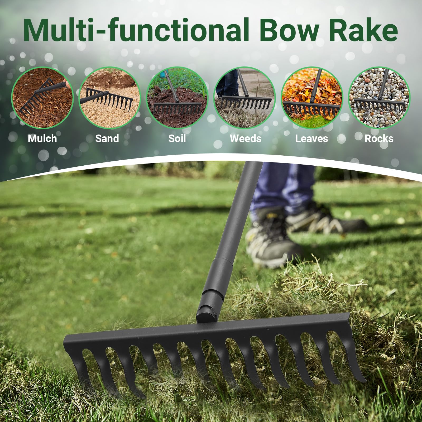 Phyfalip Garden Metal Bow Rake with 60 Inch Adjustable Handle 17 Inch ...