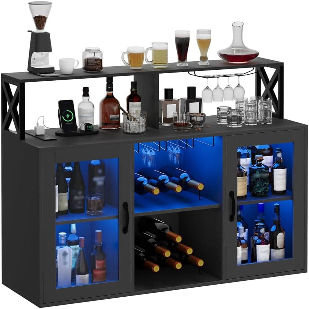 Qeetex WLS-PHO-16FC1DPF Bar Cabinet Liquor Cabinet for Home with Power Outlets Led Lights and Glass Holder Wine Cabinet with Storage and Racks for Home Kitchen