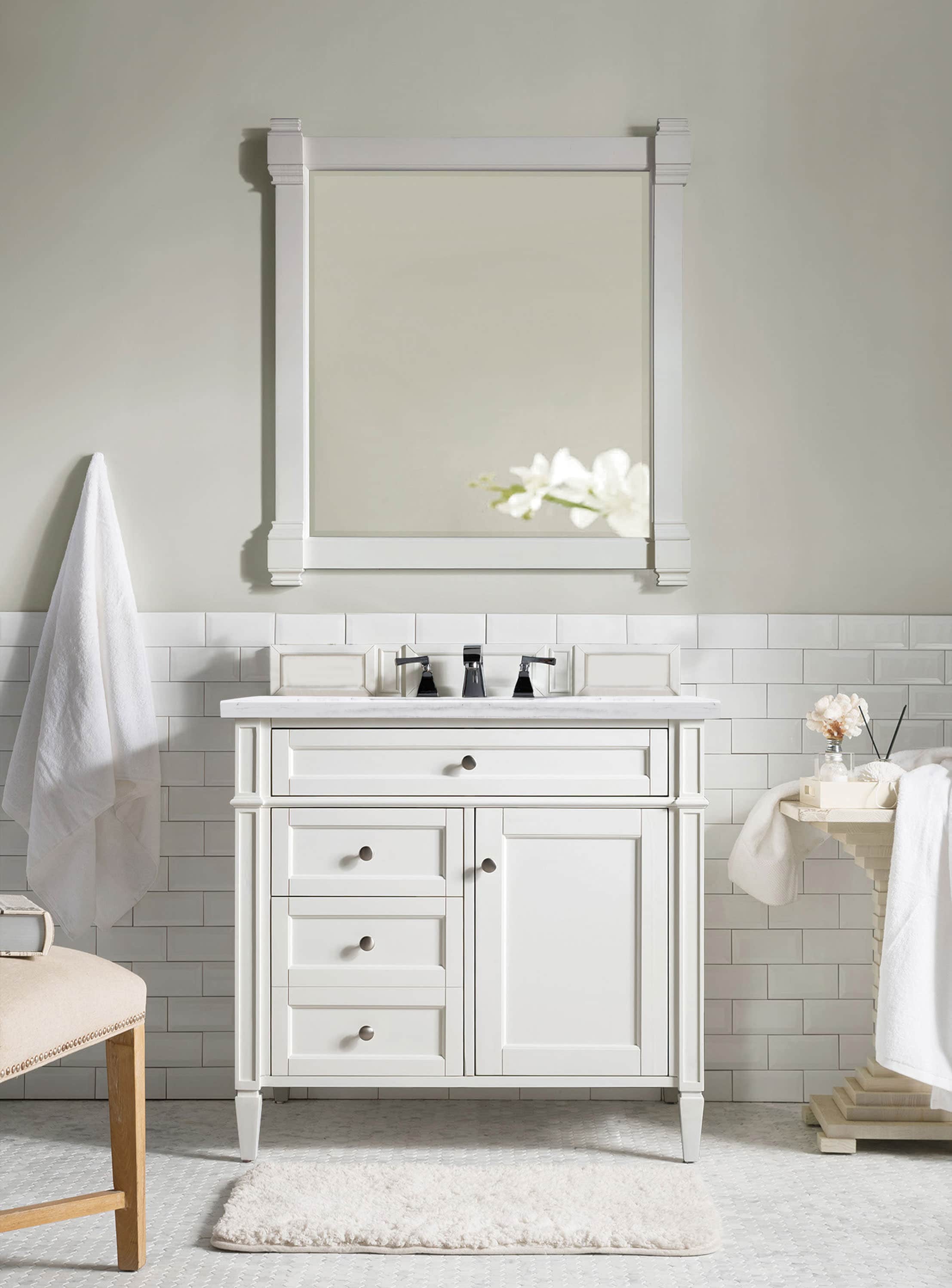 James Martin Vanities 655-V36-BW-3AF Brittany 36-in Bright White Undermount Single Sink Bathroom Vanity with Arctic Fall Solid Surface Top