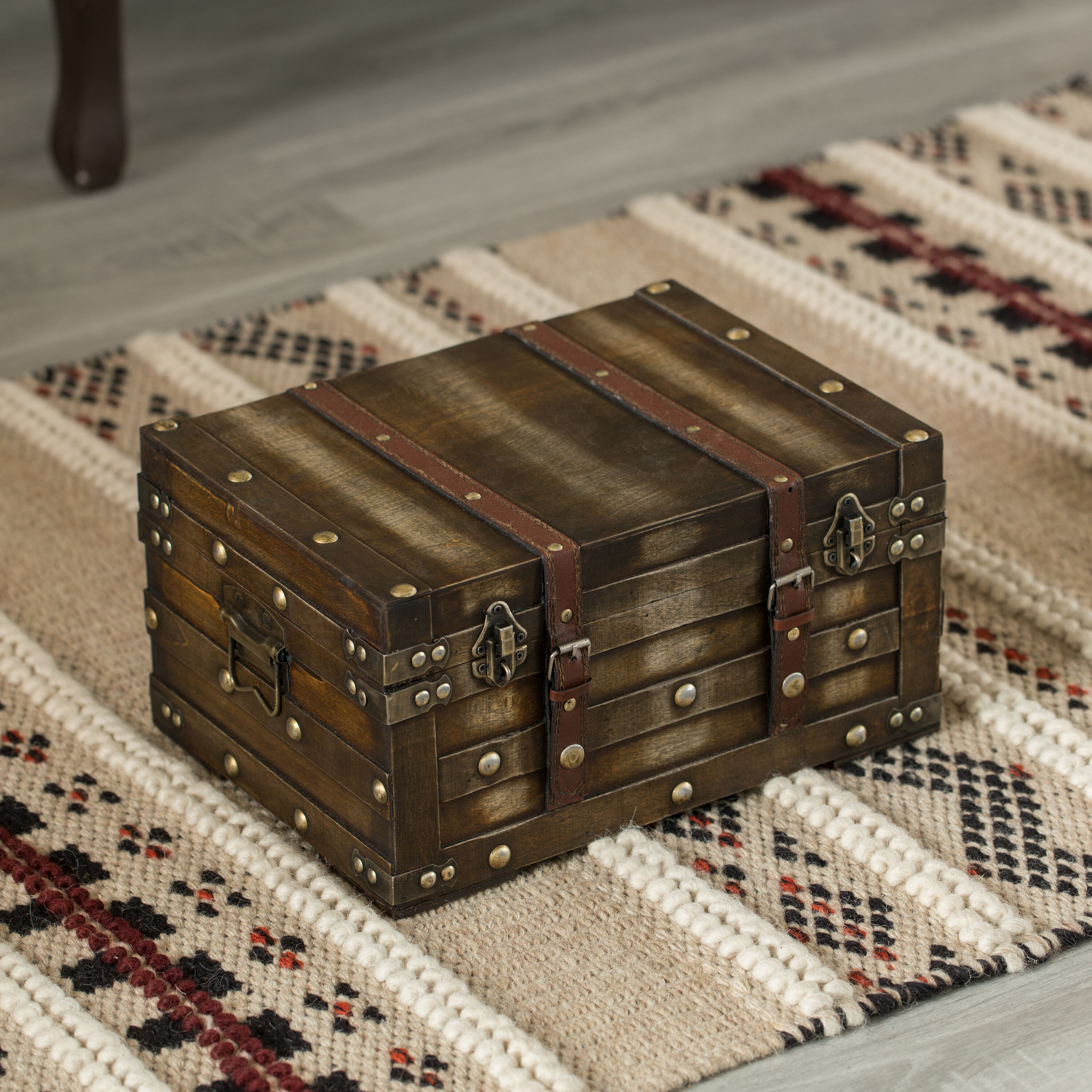 Small Brown Wooden Storage Trunk with Faux Leather Straps