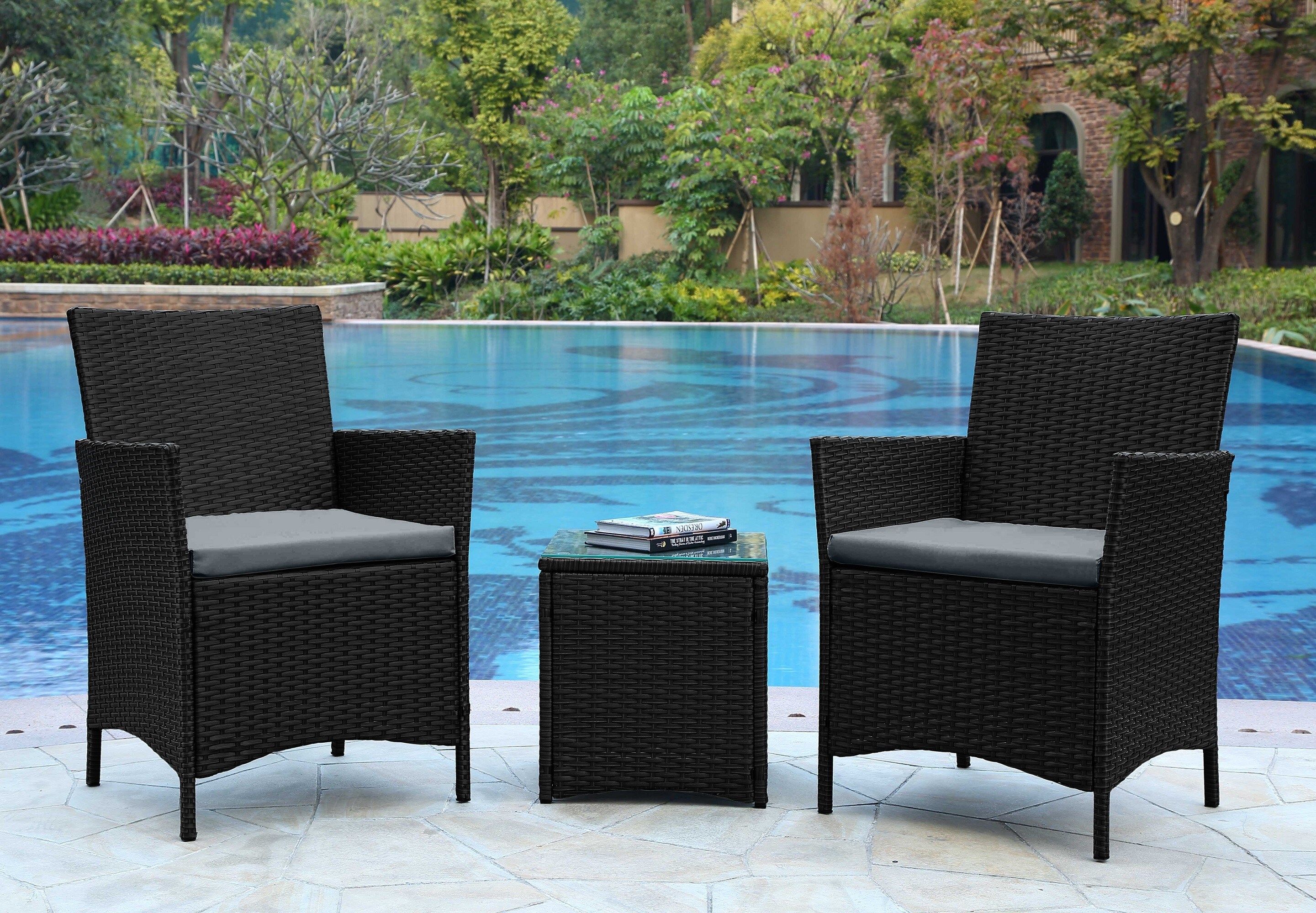 Manhattan Comfort OD-CV020-GY Sunnyside 3 -Piece Rattan Patio Conversation Set with Gray Cushions