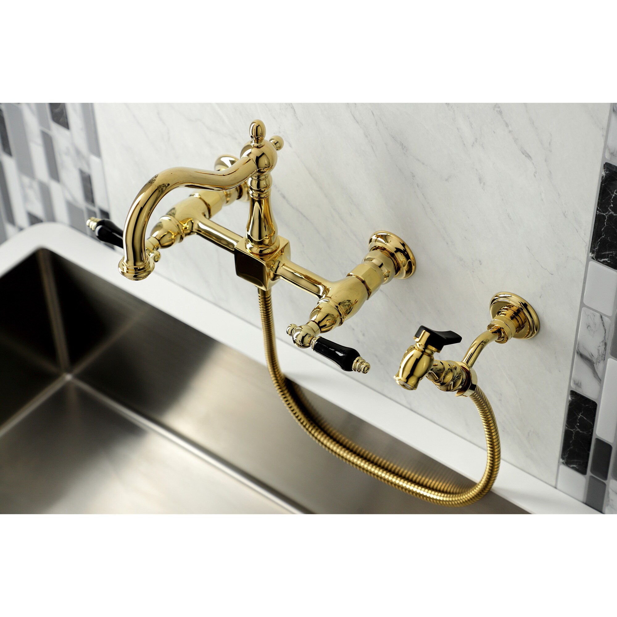 Kingston Brass WLKS1262PKLBS Duchess Polished brass Double Handle Wall-mount Handle Residential High-arc Kitchen Faucet with Sprayer ( Side Spray Included )